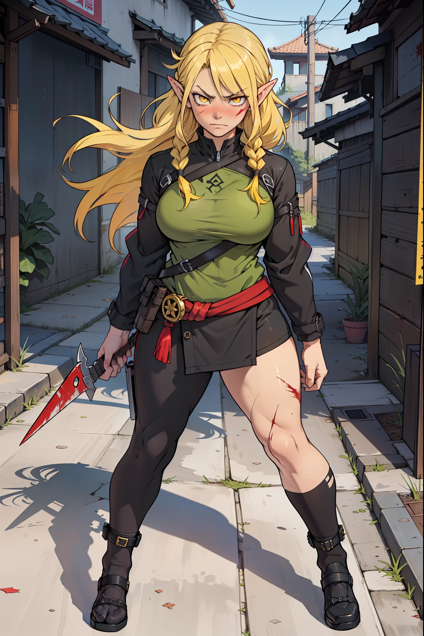 Assasin,full body , weapon in hand,pointy ears,white eyelashes, angry girl muscular girl large breasts, golden yellow eyes,glowing eyes, long hair,braid ,yellow hair,staring eyes, circles around eyes, tired eyes,cool pose , blushing face,chinese outfit, scars on face,grenades in background, weapons, blood scatter