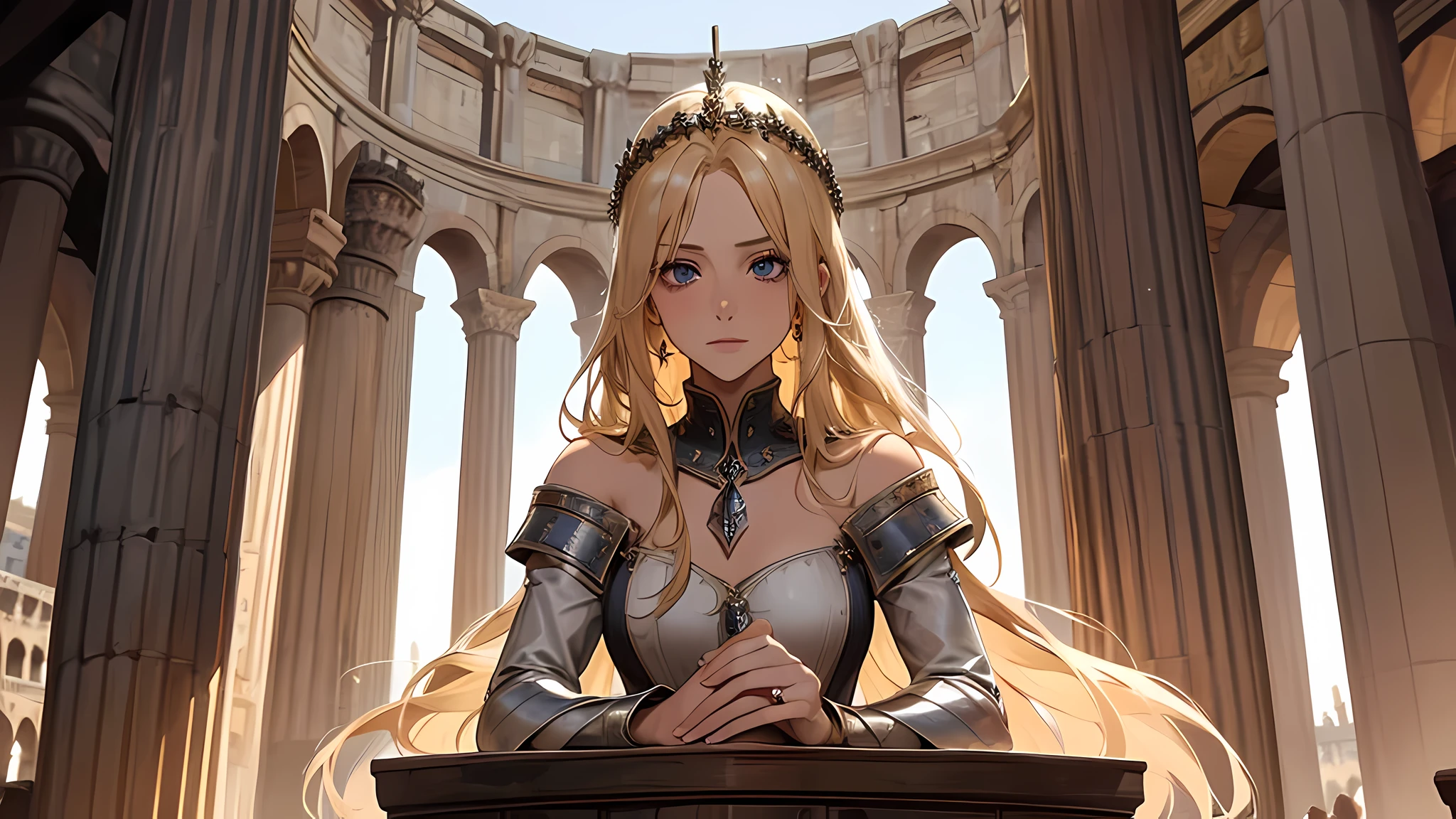 beautiful girl, blonde hair, talking something, watching gladiator, in colloseum, medieval times, detailed face, detailed nose, detailed eyes, who was sitting in one of the grandstands among the front row seats. High pillars, which rose from the corners in the left and right, supported a roof that covered the stand.