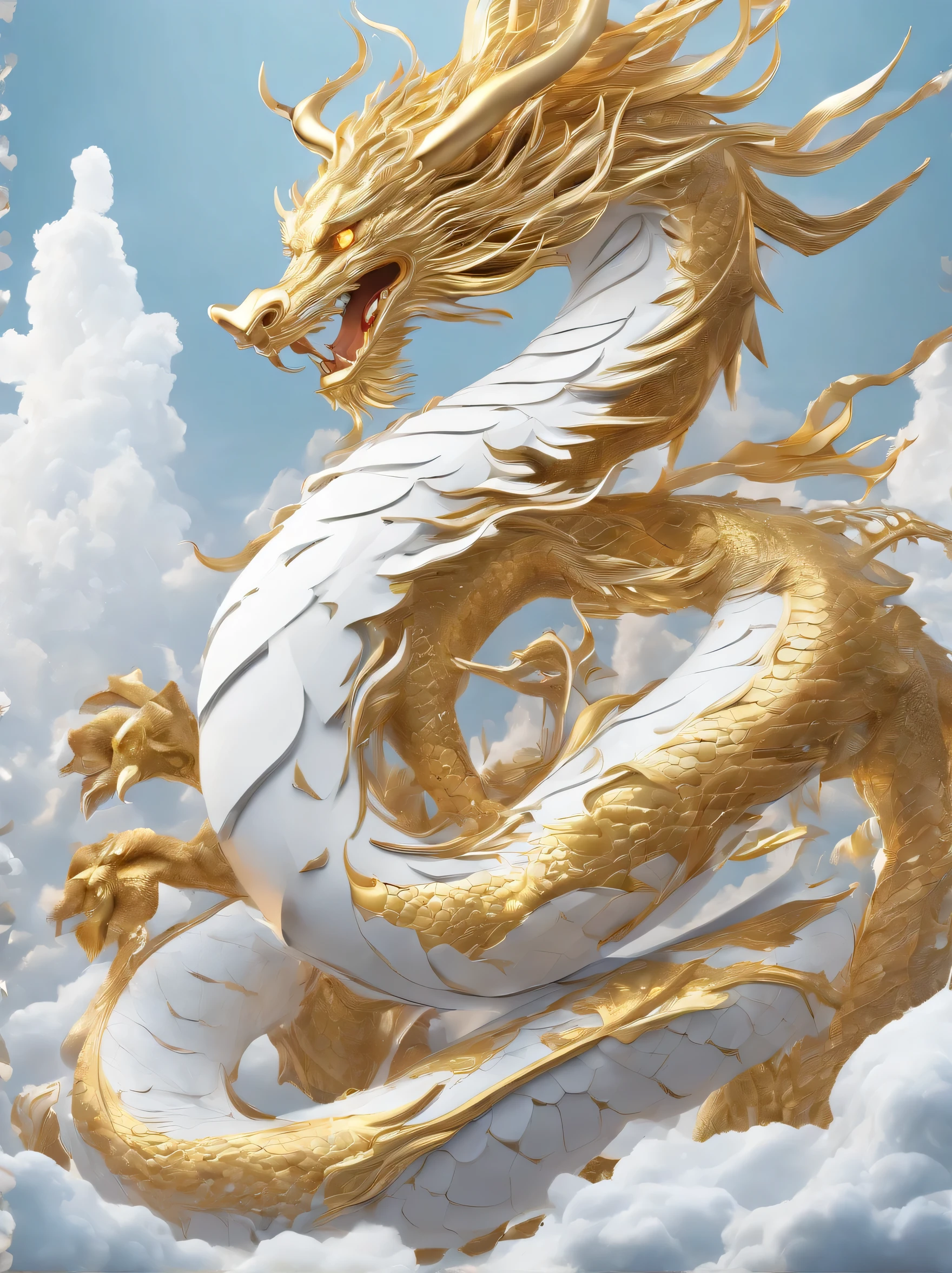 Masterpiece、(White background:1)、Golden Chinese dragon surrounded by white clouds、god々halo、property、 Abstract、wind、god、long wavy body、fangs、upper part of body、fantasy、god话、high quality、Very detailed、Masterpiece、epic、particle effect、dynamic effect