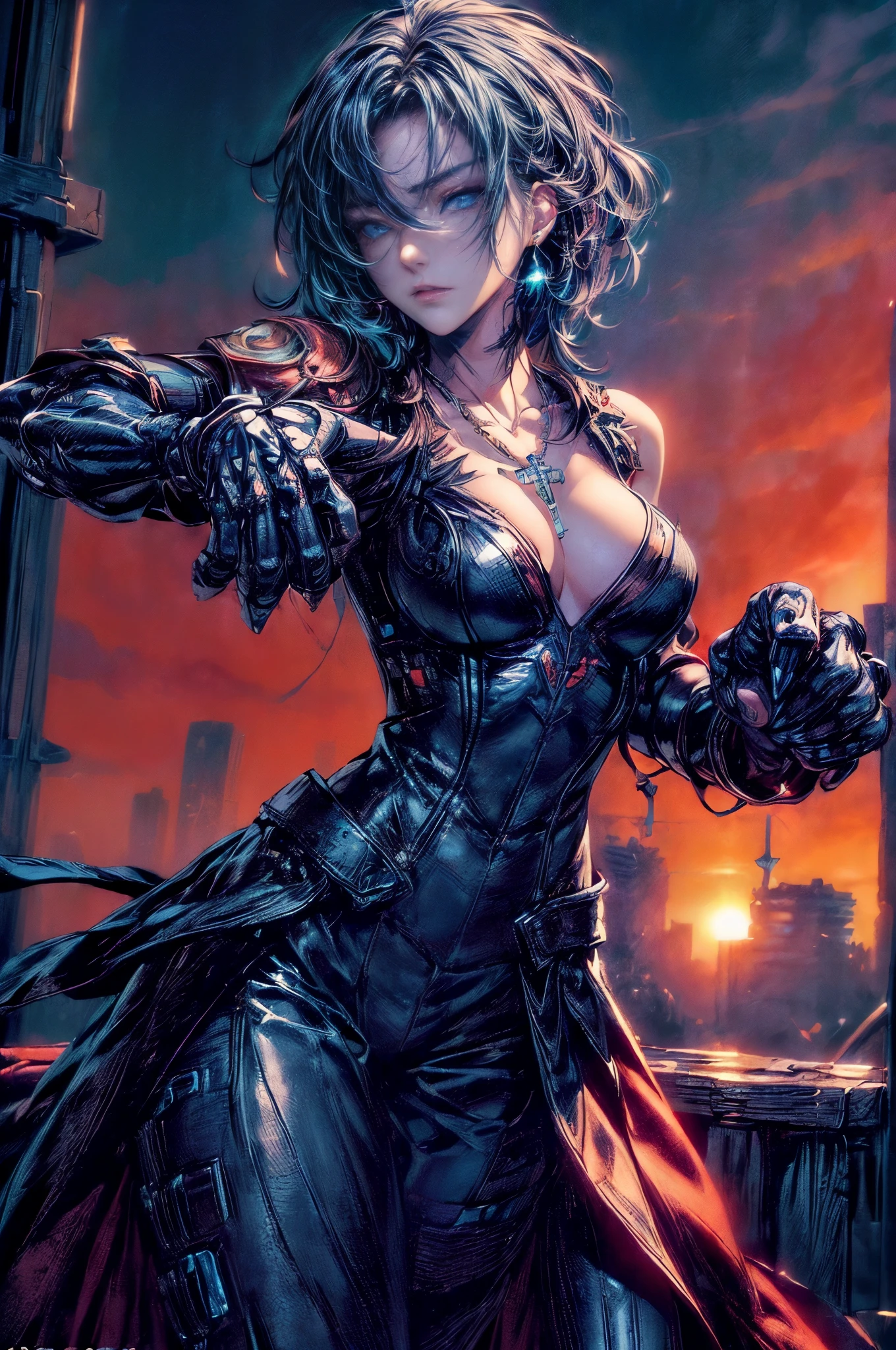 cinematic lighting、highest quality,Cyberpunk world、1 female、(20 year old beautiful woman、Detailed beautiful facial features、medium hair、shoulder length hair、blue eyes、Rosary Necklace:1.4)break,medium hair、（bright blue hair、gleaming hair:1.5）（chest and cleavage:1.4）(punch form、action pose、battle gloves、Open palm、highly detailed hands:1.5)(Gloves glow:1.3)（Cybertech suit with a tattered and evil image:1.2）(scratch、Returned blood adheres to the face and chest)android、(focus on face)Sense of presence、Damaged parts scatter（very beautiful sunrise scenery、building roof:1.2）