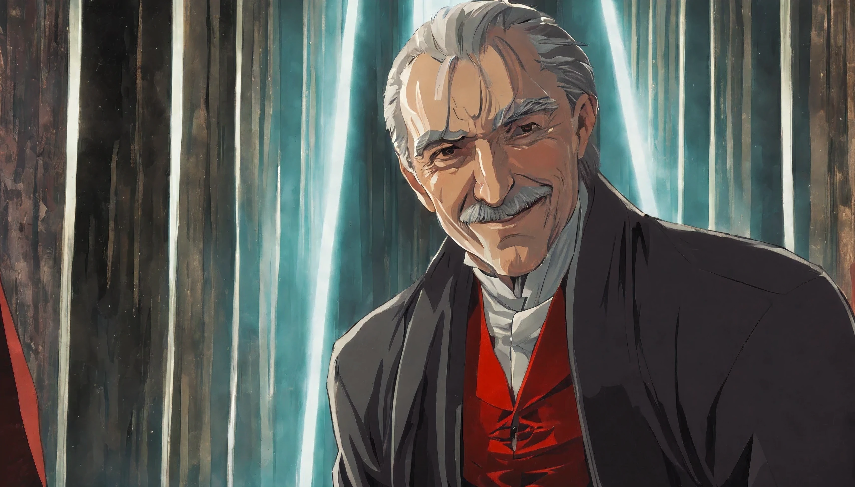 An old man light smile, vampire dressing suid, by Alfons Mucha, Conceptual art, anime, anime, Gothic art, depth of field, cinematic lighting, motion blur, chromatic aberration, sparkle, jpeg artifacts, glowing light, god rays, ray tracing, reflection light, backlighting, blending, bloom, chromatic aberration abuse, dithering, drop shadow, optical illusion, UHD, 1080P, UHD, retina, masterpiece, ccurate, anatomically correct, textured skin, super detail, high details, high quality, award winning, best quality, highres, 1080P, HD, 4K, 8k, 16k