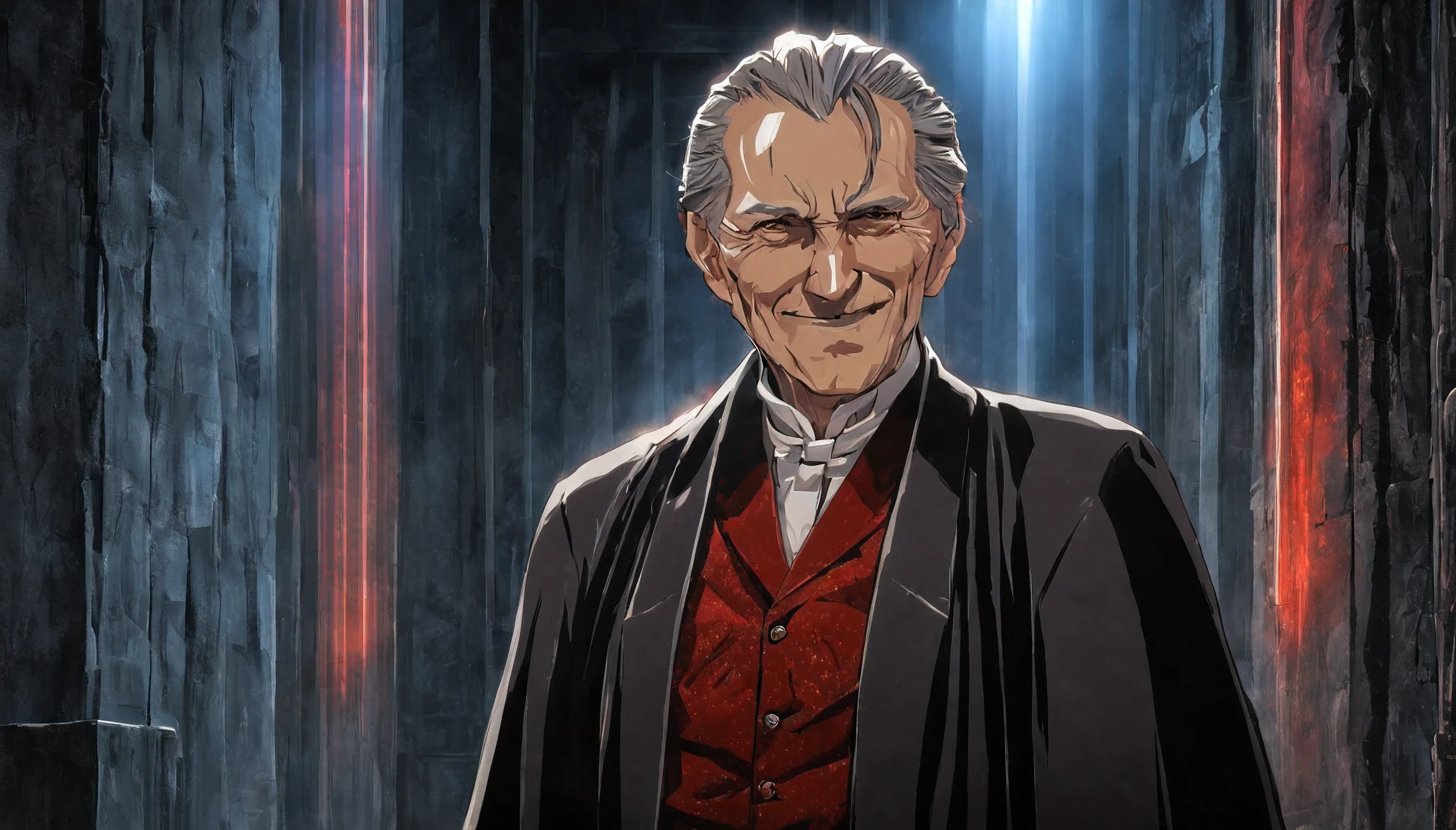 An old man light smile, vampire dressing suid, by Alfons Mucha, Conceptual art, anime, anime, Gothic art, depth of field, cinematic lighting, motion blur, chromatic aberration, sparkle, jpeg artifacts, glowing light, god rays, ray tracing, reflection light, backlighting, blending, bloom, chromatic aberration abuse, dithering, drop shadow, optical illusion, UHD, 1080P, UHD, retina, masterpiece, ccurate, anatomically correct, textured skin, super detail, high details, high quality, award winning, best quality, highres, 1080P, HD, 4K, 8k, 16k