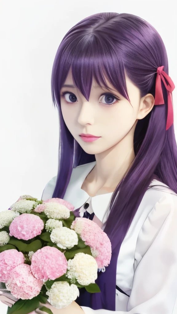 anime girl holding a bouquet of flowers in her hand, misato katsuragi, iwakura lain, yuyushiki, hinata hyuga, close up iwakura lain, anime moe artstyle, hana yata, mai yoneyama, deity of hydrangeas, anime style like fate/stay night, close up of iwakura lain