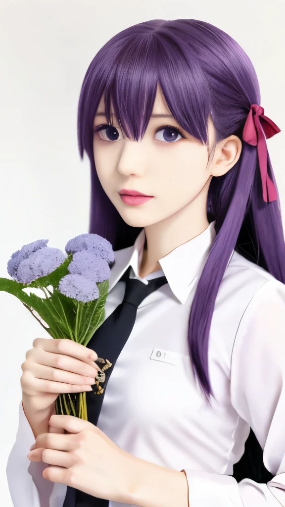 anime girl holding a bouquet of flowers in her hand, misato katsuragi, iwakura lain, yuyushiki, hinata hyuga, close up iwakura lain, anime moe artstyle, hana yata, mai yoneyama, deity of hydrangeas, anime style like fate/stay night, close up of iwakura lain