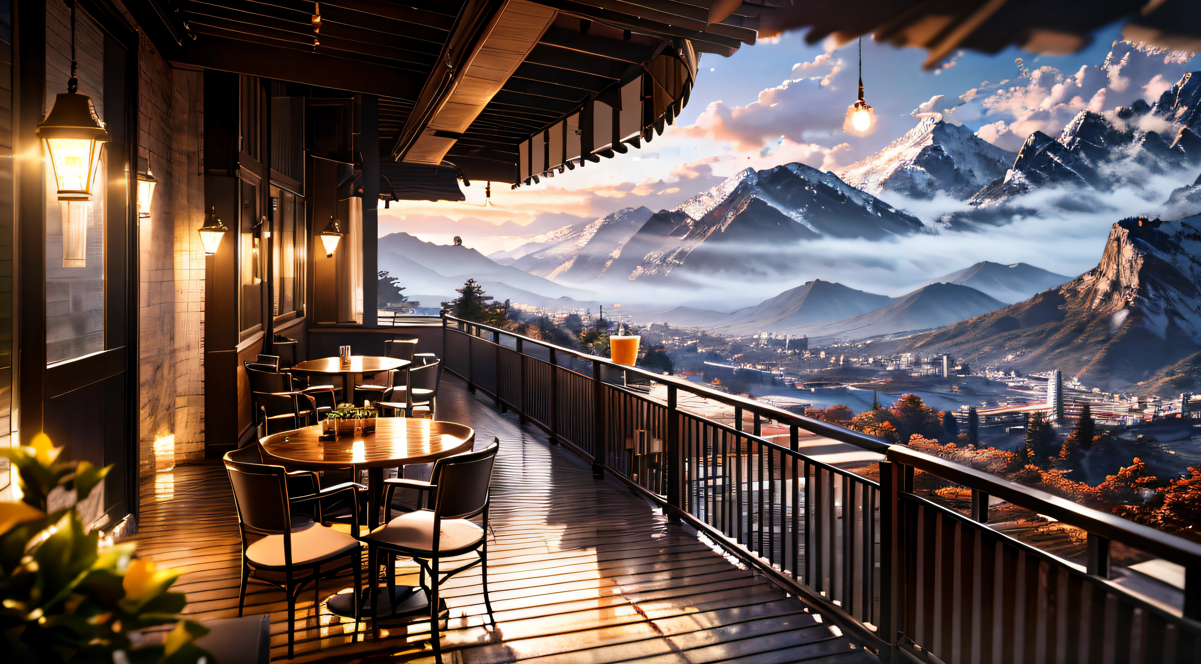 ((masterpiece)), ((top-quality)), (hight resolution:1.5), (ultra-detailliert:1.5),(extremely detailed CG unified 8k wallpaper), Quiet morning,Unkai Terrace,f/4.0,135mm,captured on canon eos r 6,Open terrace at the top of the mountain, detailed scenery —width 672, Cinematic morning light, Realistic morning lighting, cozy cafe background