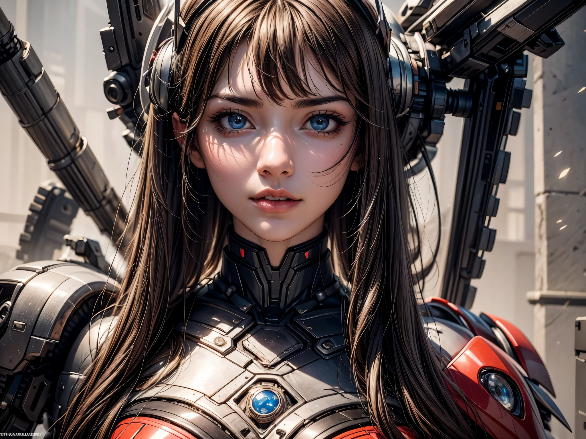 a beautiful woman with harmonic face, red eyes her half destroyed face showing terminator style robotic parts in realistic image --auto --s2