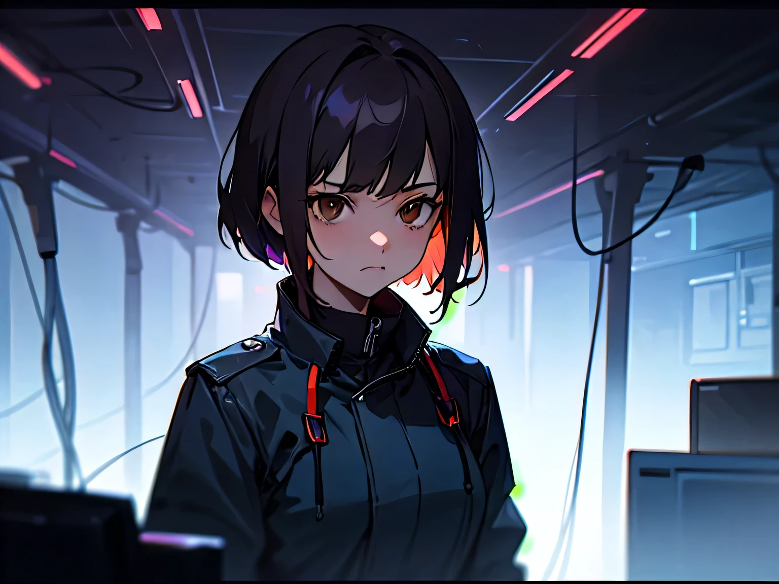 1 chica, (changing lighting), 80's movie, Brown eyes, retro style like ghost in the shell, experimentos en serie chica mentirosa, Computadora retro llena de sala de cables., (tonge out), cara triste, 4:3 imagen. Lugar oscuro. Anime de retratos. Detalles completos. Colores retro de los 90. Efecto VHS en el postproceso..
