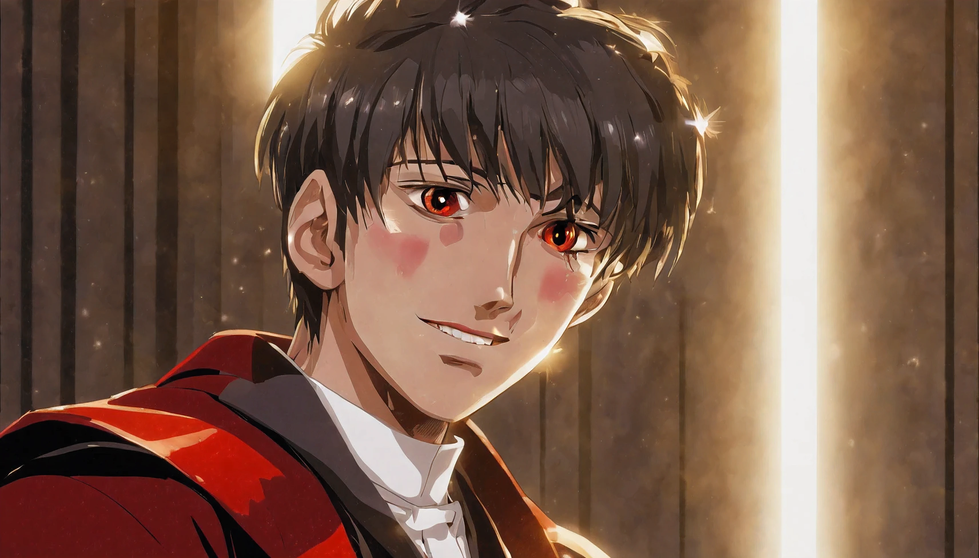A young vampire man light smile, vampire dressing suid, by Alfons Mucha, Conceptual art, anime, anime, Gothic art, depth of field, cinematic lighting, motion blur, chromatic aberration, sparkle, jpeg artifacts, glowing light, god rays, ray tracing, reflection light, backlighting, blending, bloom, chromatic aberration abuse, dithering, drop shadow, optical illusion, UHD, 1080P, UHD, retina, masterpiece, ccurate, anatomically correct, textured skin, super detail, high details, high quality, award winning, best quality, highres, 1080P, HD, 4K, 8k, 16k
