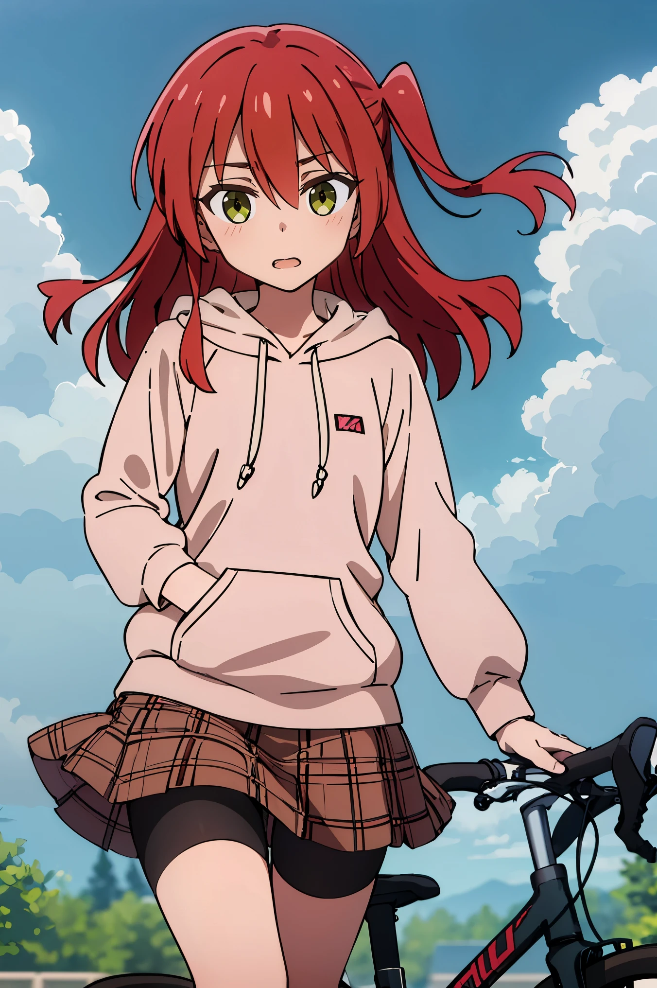 1 girl, hdr, ikuyo kita, red hair, one side up, long hair, green eyes, hoodie, pink hoodie, long sleeves, brown skirt, plaid skirt, wearing bike shorts, black bike shorts, white sandals, standing, pov, open mouth, looking you,