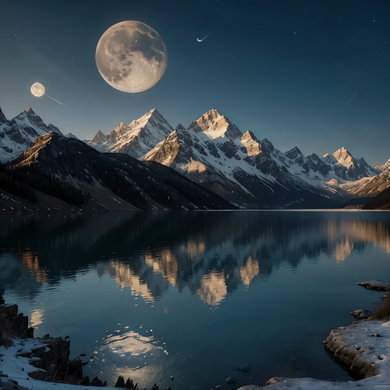 mountains and a lake with a moon in the sky, 4k highly detailed digital art, 4 k hd wallpaper very detailed, impressive fantasy landscape, sci-fi fantasy desktop wallpaper, unreal engine 4k wallpaper, 4k detailed digital art, sci-fi fantasy wallpaper, epic dreamlike fantasy landscape, 4k hd matte digital painting, 8k stunning artwork  