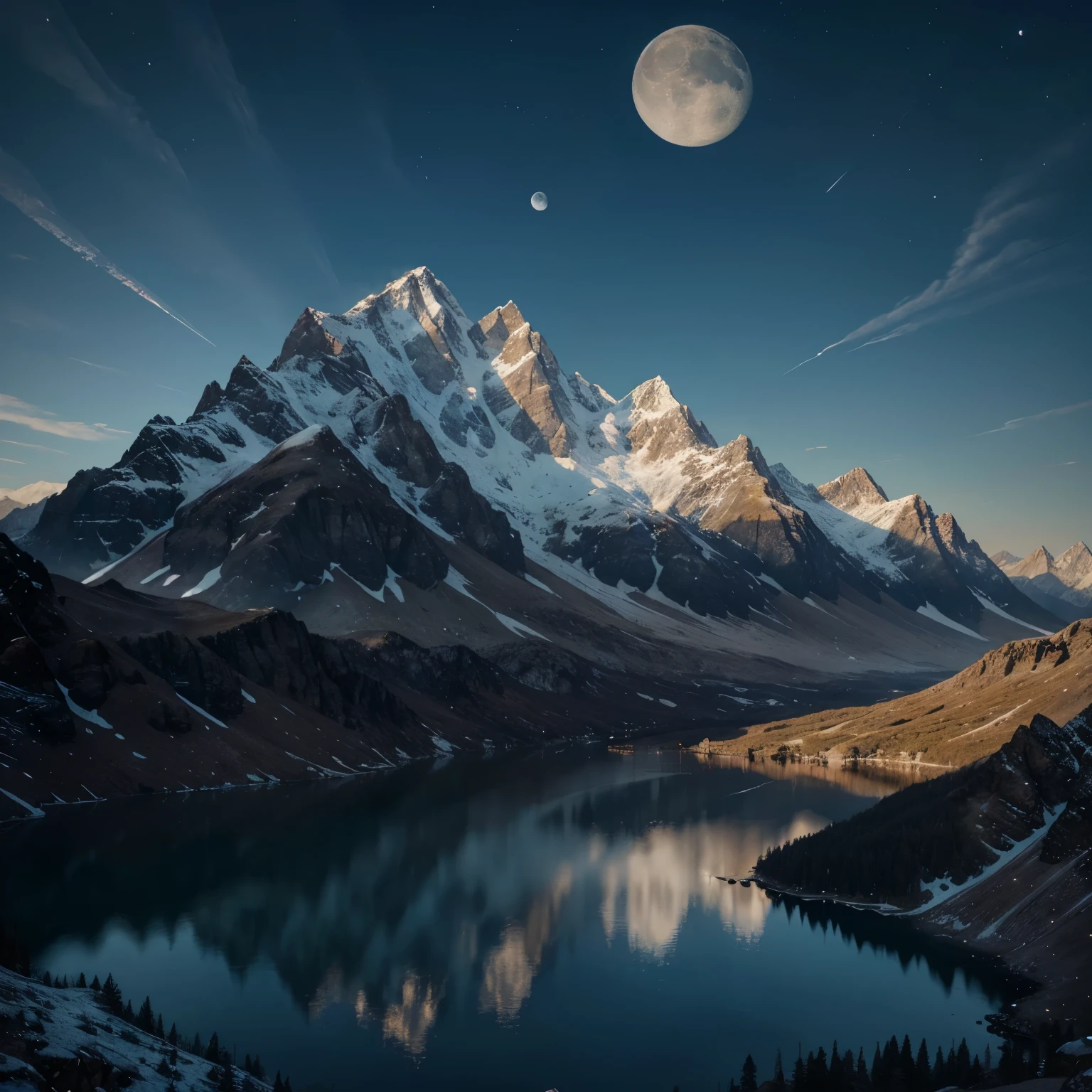 mountains and a lake with a moon in the sky, 4k highly detailed digital art, 4 k hd wallpaper very detailed, impressive fantasy landscape, sci-fi fantasy desktop wallpaper, unreal engine 4k wallpaper, 4k detailed digital art, sci-fi fantasy wallpaper, epic dreamlike fantasy landscape, 4k hd matte digital painting, 8k stunning artwork