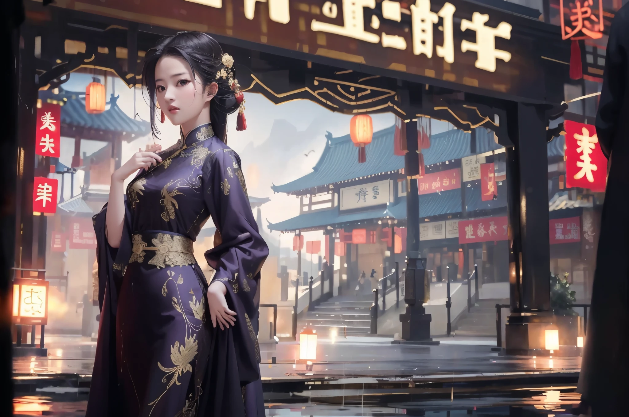 liuyifei, 1girl, Solo, purple tradition Chinese dress, hand on hip, flat chest, cityscape, Simple background, White background,