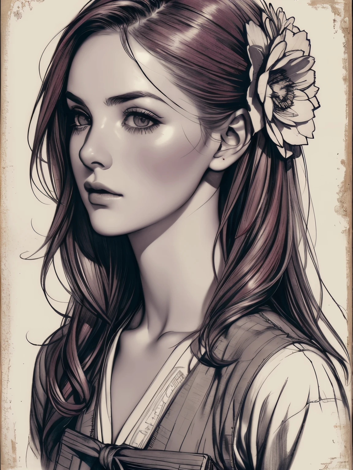 charlie bowater woman, ((Realistic lithography sketch portrait)), flowers, [gear], pipe, diesel punk, multi-colored ribbons, old paper texture, very detailed, ((A photo that emphasizes the redness of a part of the screen)),Monochrome Art