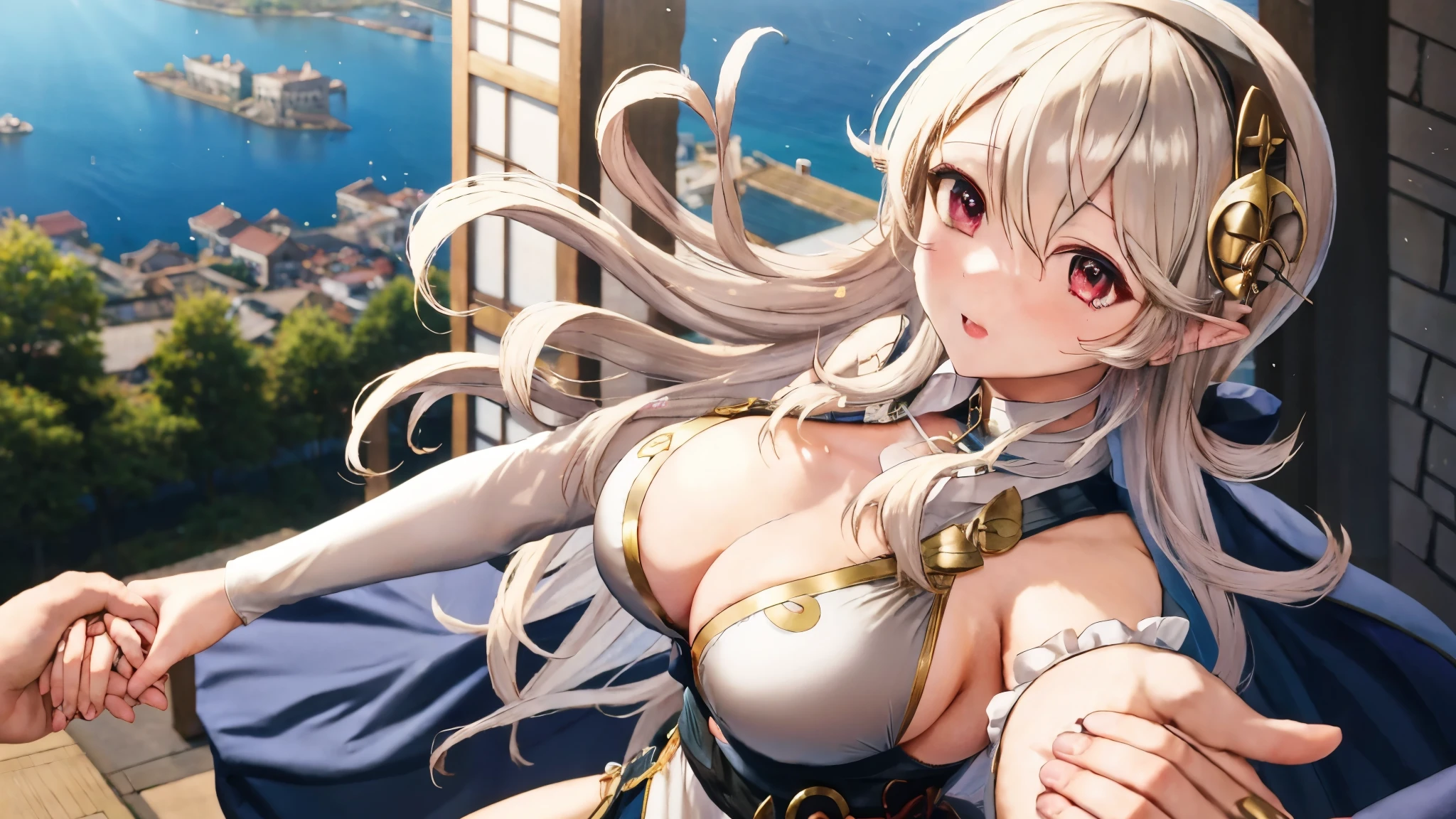 1 girl, corrin, large breast, overlooking a luxurious old Japanese town, from an castle, holding hands with viewer