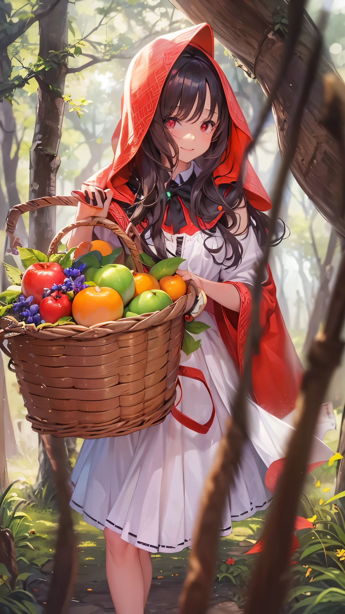 ethereal fantasy, magnificent, celestial, ethereal, painterly, epic, majestic, magical, fantasy art, cover art, dreamy, <lora:Detail - add_detail:0.2>,  RedRidingHoodCh,  red dress, corset, cosplay, forest, red cloak, red hood, red capelet, tifa lockhart, red eyes, black hair, holding basket, bread in basket,