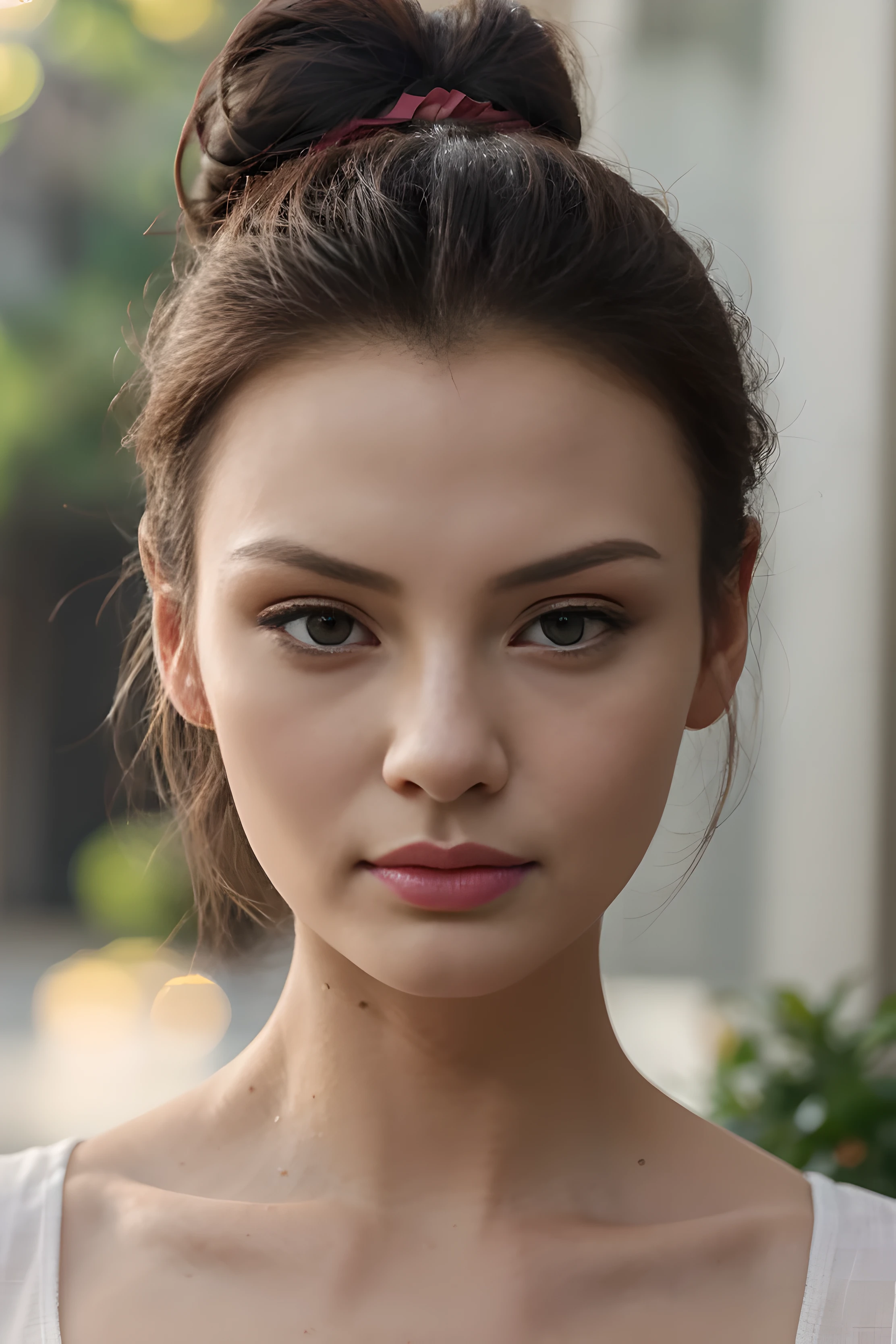 8K, Chinese, looks like Linda Evangelista, hair in a bun, high forehead, looks straight at us, narrow very small eyes, Small nose, Very thin face, sharp cheekbones, plump lips, Bow shaped lips, thin neck, Realistic quality