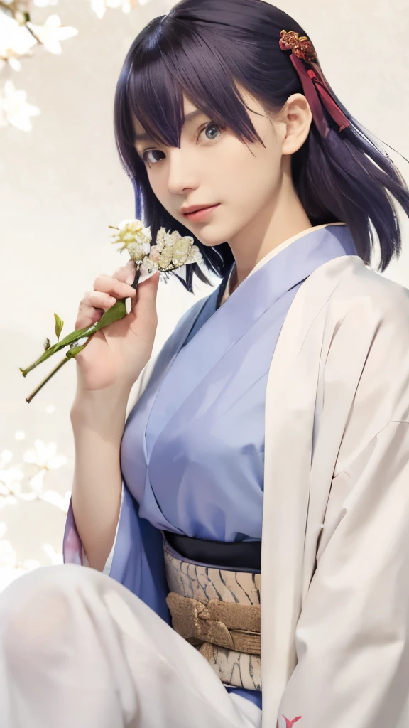 a close up of a person in a kimono outfit holding a flower, inspired by Nishikawa Sukenobu, in kimono, pale and coloured kimono, from sengoku period, autumnal empress, inspired by Uemura Shōen, hijikata toushirou of gintama, palace ， a girl in hanfu, shuushuu anime image