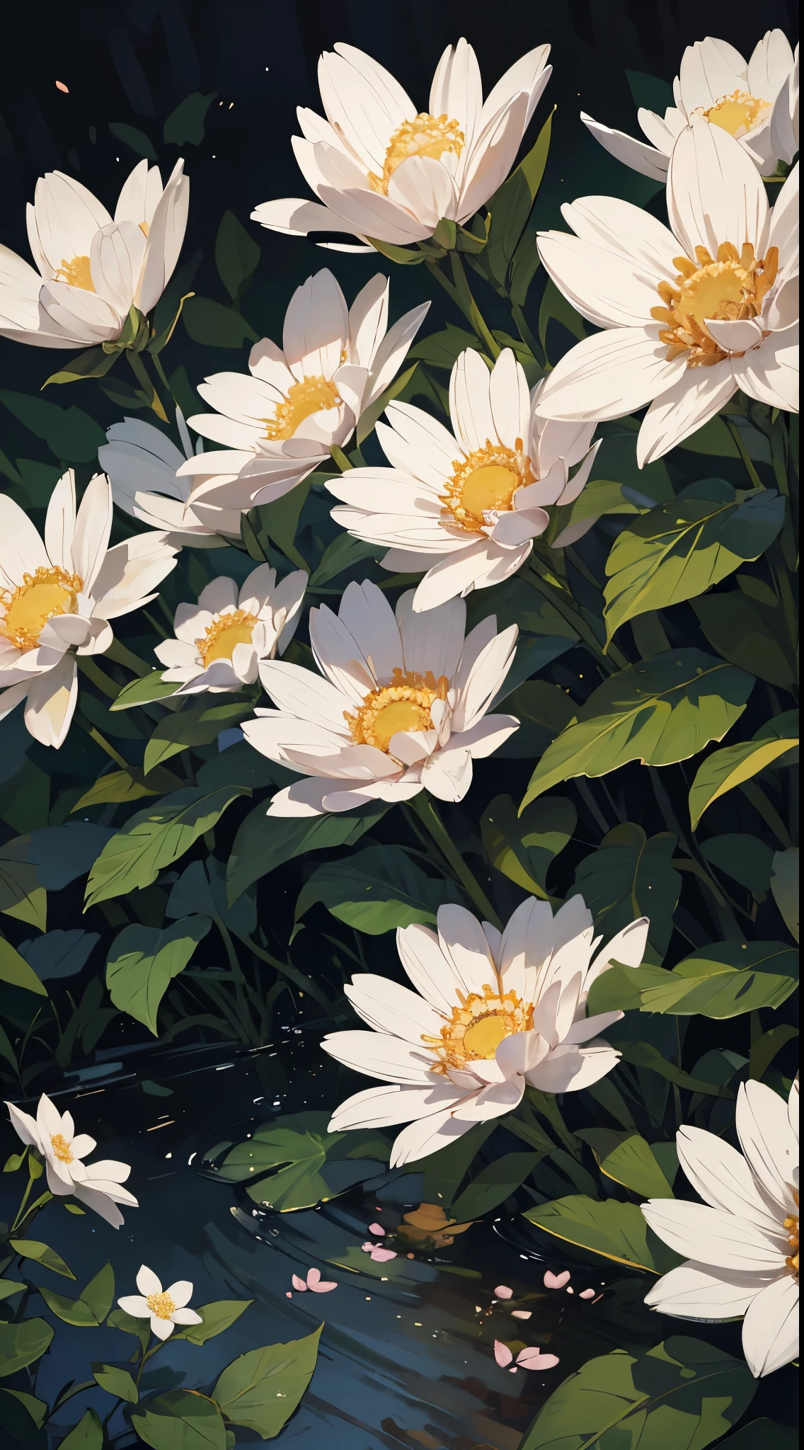 Summer, meadows, a few small flowers, clear lakes, heaven, large clouds, blue sky, hot weather, HD detail, hyper-detail, cinematic, soft light, deep field focus bokeh