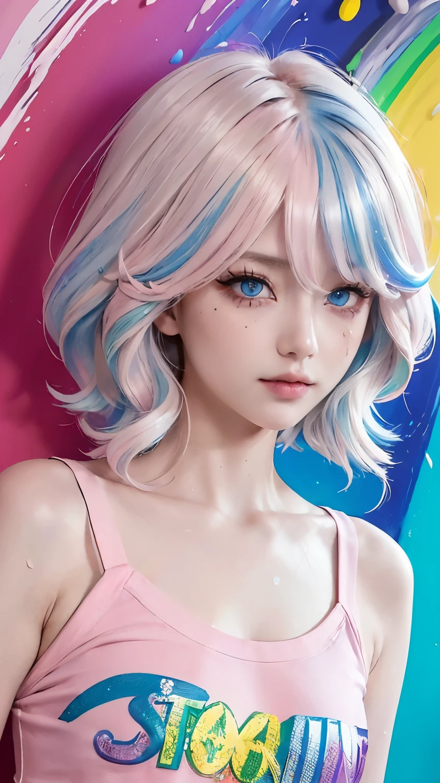 (Pink fashion T-shirt:1.9),(colored hair:1.8),(All colors of the rainbow:1.8),(((vertical画:1.6)),(:1.6),front,comics,illustration,,big eyes,crystal clear eyes,super gigantic ，Breasts are very very huge，Straight chest，Big breasts，Close-up of cleavage，(Rainbow colored semi-long hair:1.7),exquisite cosmetics,Shut your mouth,(Small fresh:1.5),(Wipe your chest:1.6),long eyelashes,White shoulder T-shirt。,White shoulder sleeve shirt,looking at the audience,blue eyes,(rainbow colour hair:1.6),color splotches,(solo:1.8),color splotches,color splotches,color explosion,Thick lacquer style,Messy lines,((Shiny),(color),(color),(color),(color),color,Thick lacquer style,(color splotches),(color)splash,vertical,Upper body,Paintworksplash,acrylic paint,gradient,Paintwork,Highest image quality,highest quality,masterpiece,solo,depth of field,Topcoat,Colorful clothes,(grace:1.2),gorgeous,lwind, (Elegant: 1.3), (Petals: 1.4)，(((masterpiece))),(((best quality))),((ultra-detailed)),(illustration),(dynamic angle),((floating)),(paint),((disheveled hair)),(solo),(1girl) , (((detailed anima face))),((beautiful detailed face)),collar,bare shoulders,blue hair, ((colorful hair)),((streaked hair)),beautiful detailed eyes,(Gradient color eyes),(((colorful eyes))),(((colorful background))),(((high saturation))),(((surrounded by colorful splashes))),(((colorful background))),(((high saturation))),(((surrounded by colorful splashes))),(((colorful background))),(((high saturation))),(((surrounded by colorful splashes))),