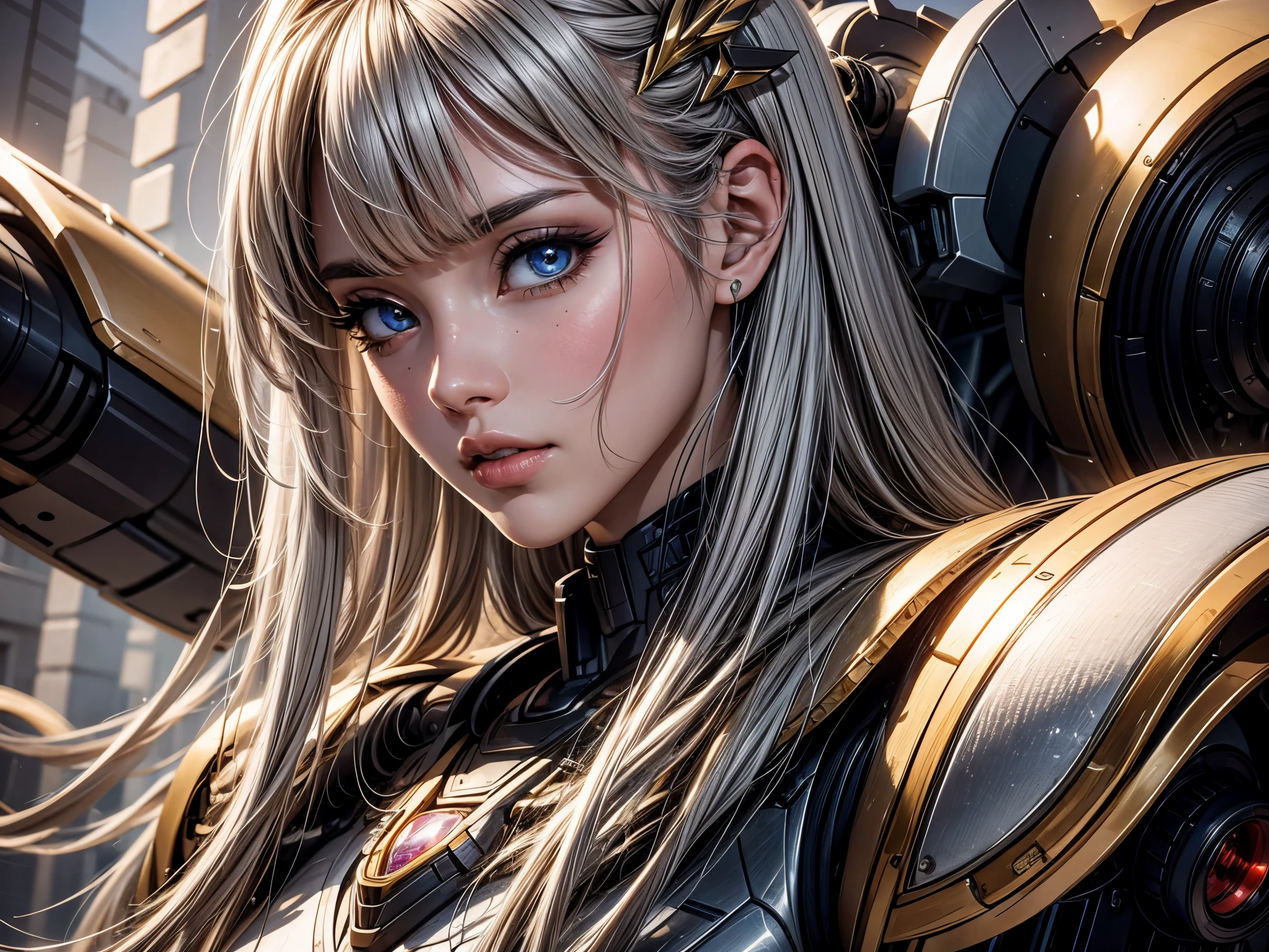 A girl fighting against a mecha warrior,illustration,mecha warrior,colorful explosion,shining lights,dystopian landscape,highly detailed mecha warrior,aggressive and determined expression,metallic armor,sparkling energy beams,bullet trails and smoke,powerful punches and kicks,slow motion movement,destructive battle scene,highres and realistic portrayal,studio lighting,anime style,contrasting colors,dramatic lighting.