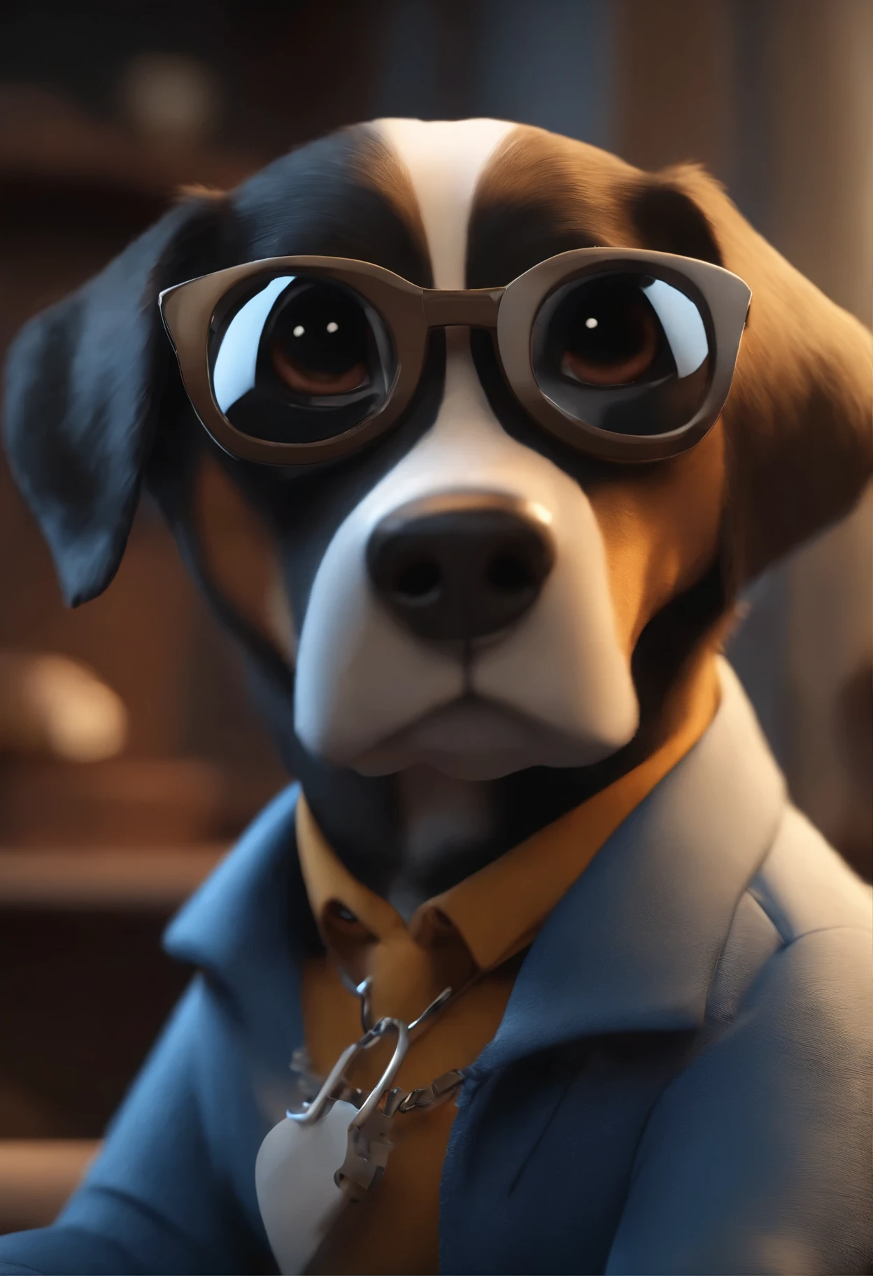 Personaje de dibujos animados de un perro de 10 con gafas negras y una camisa azul, animation character, personaje estilizado, animation style rendering, 3D estilizado, Arnold Maya renderizado, Render 3D estilizado, Toon render keyshot, Personaje 3D, Personaje 3D, Stylized 3D rendering, renderizado de personajes 3d, personaje animado, Close-up character, Pose del personaje, (Estilo Pixar) (parte maestra:1.2) (bokeh) (Mejor calidad) (piel detallada) (textura detallada) (8k) (arcilla) (cinematic lighting) (Sharp focus