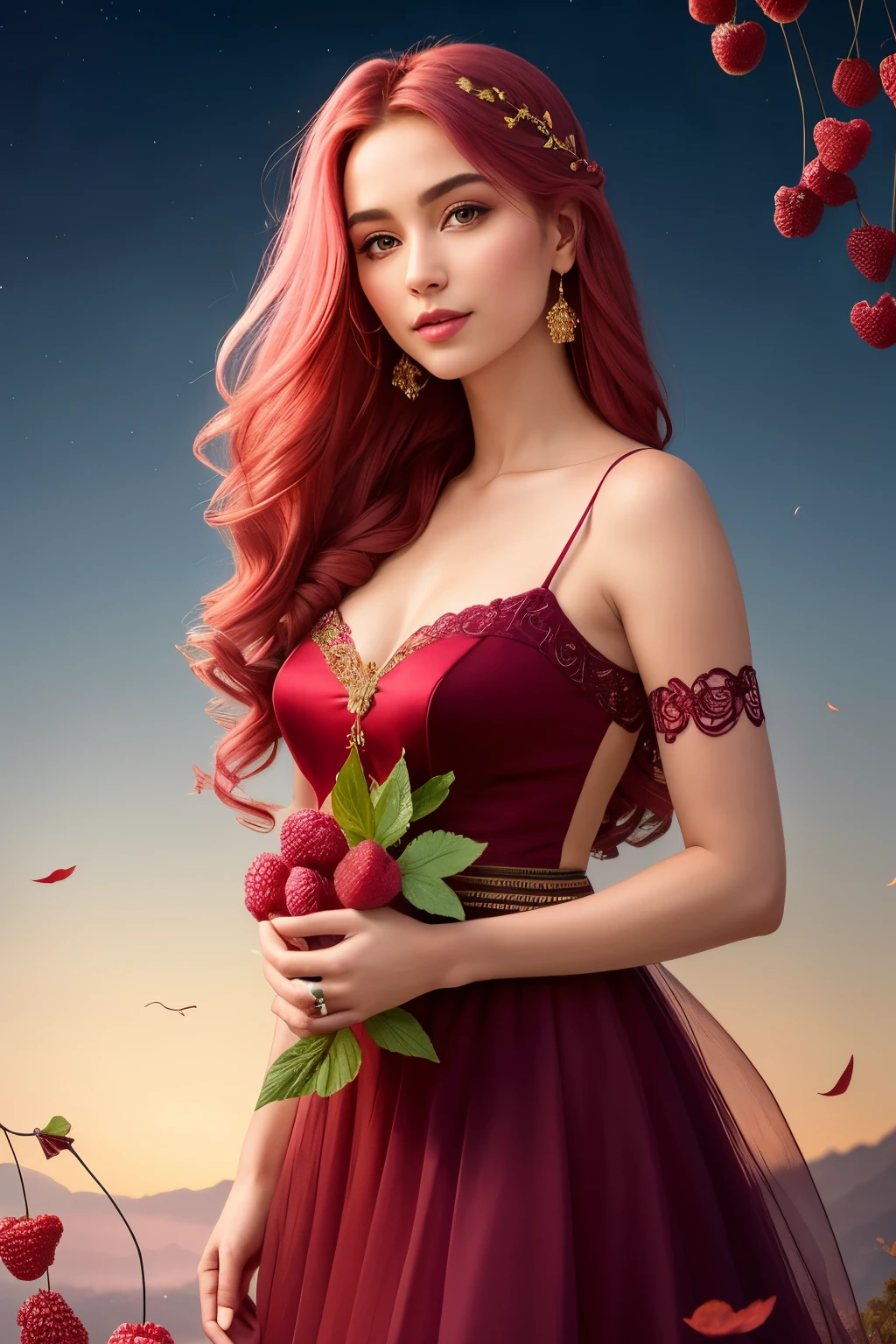 Create a striking and surreal image, meticulously detailed up to the waist, showcasing a radiantly beautiful woman with long, lustrous pearl-colored hair. Her locks are adorned with an abundance of ripe raspberries and succulent currants, introducing vivid pops of color that contrast against her light tresses. Delicately woven raspberry leaves are intricately intertwined within her hair, adding an element of fantasy and whimsy.
The serene background evokes a sense of tranquility, with the gentle appearance of light trees stretching towards the heavens. The backdrop is artfully blurred, creating a dreamlike bokeh effect that