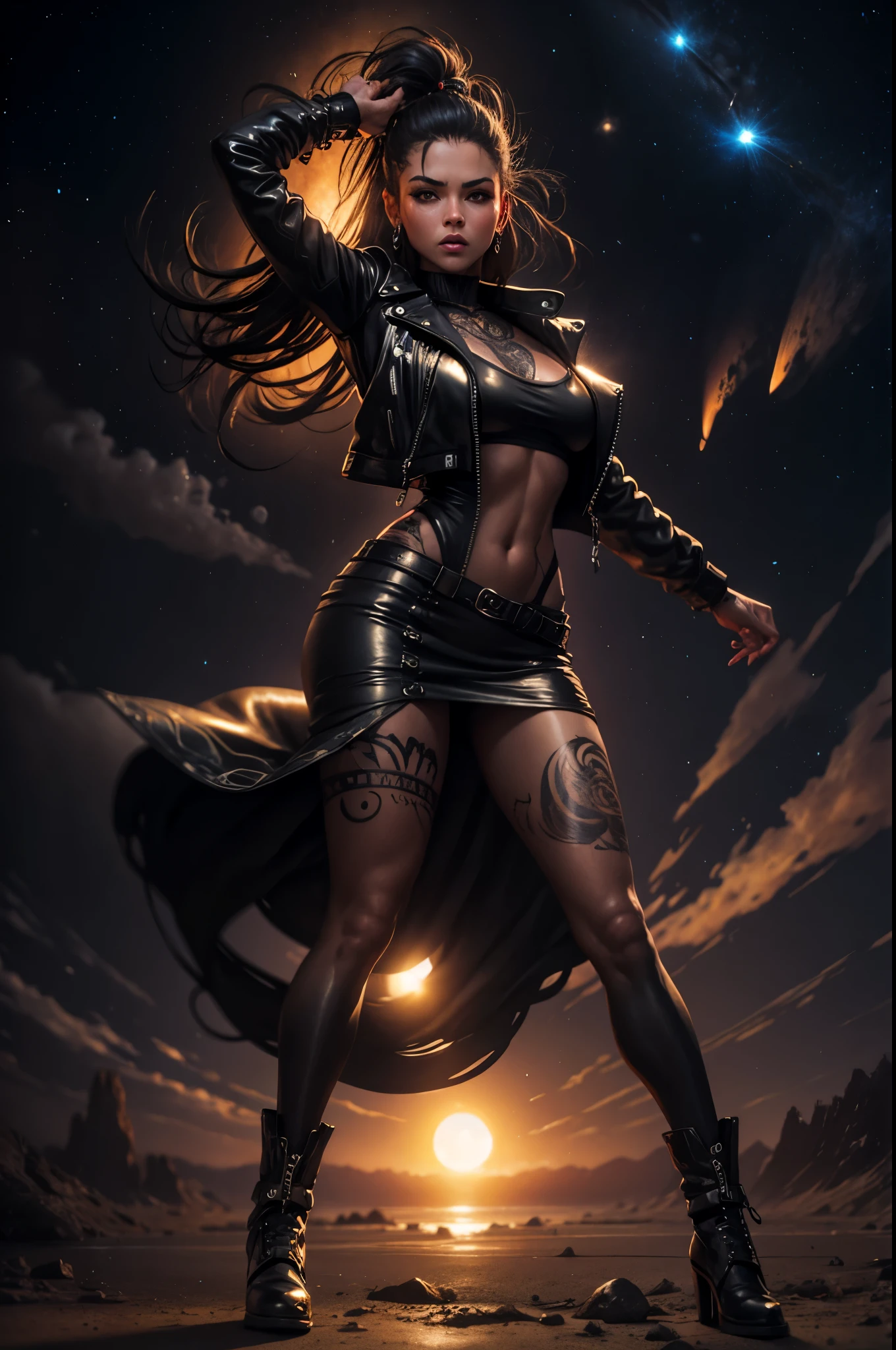 Tall Tough tattooed biker chick with two strong legs dancing swirling twirling almost collapsing on Saturn's moon Calisto, looking like a creation that could actually survive there, wearing black leather graphics jacket and long leather-like denim dress that touches the ground split in the middle for riding, magic, art, wind, wind blown, spark, lightshow, fireflies, watching the rise of the distant Sun, with Saturn fully visible in the foreground, 36k resolution Kodak professional photography, hyperdetailed, Waiting to start