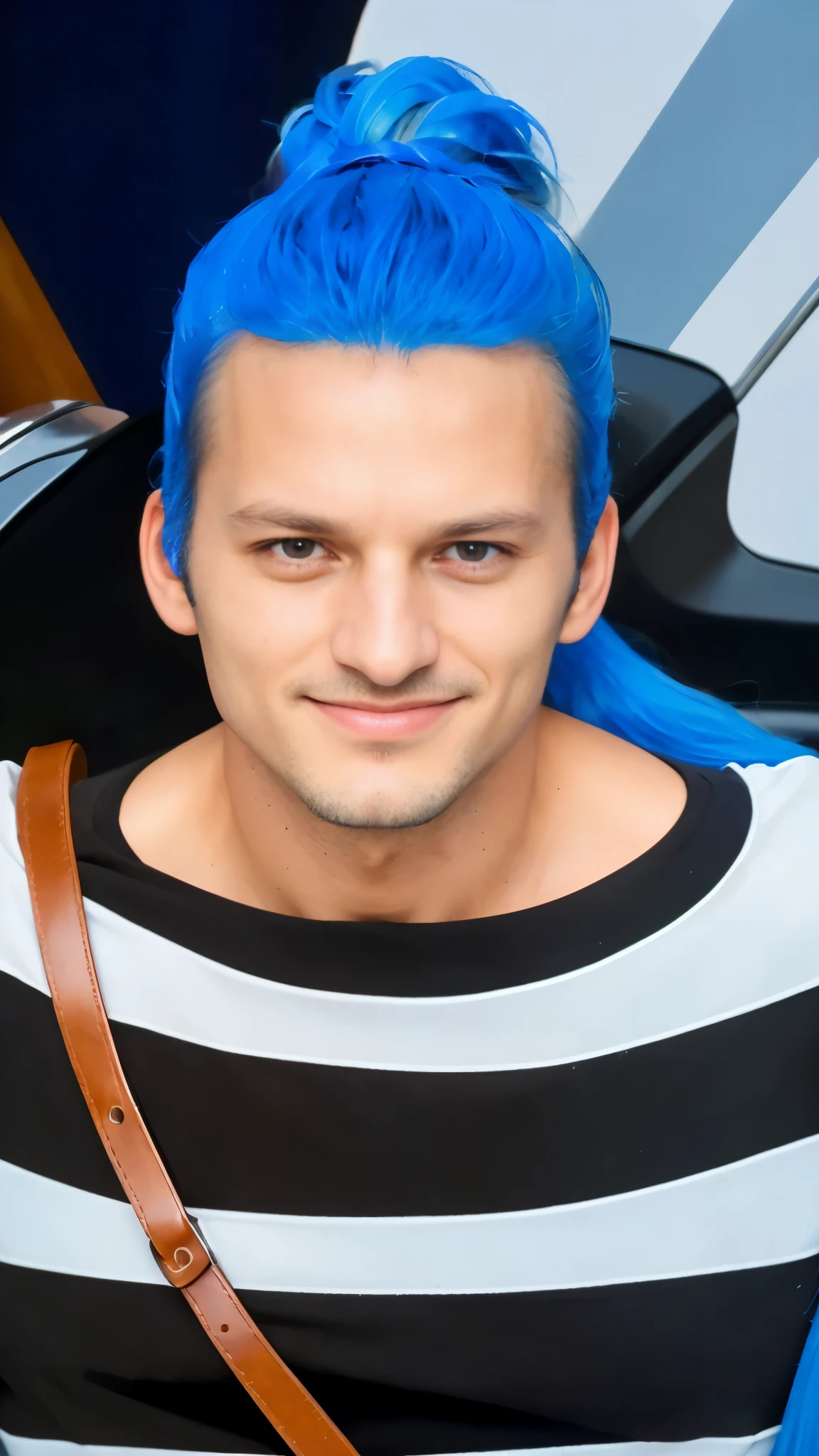 (masterpiece), (realistic), (ultra detailed), ( high reest quality), (photorealistic), (perfect face), (perfect anatomy),((( man)), ((male)), solo, (((35 years old))), buggy from one piece, buggy, one piece, potrait of buggy from one piece, blue  hair, long hair, crazy detail, realistic, professional photography, 8k UHD, SLR camera, soft lighting, high quality, film grain, Fujifilm XT3, (detailed face and eyes), (face: 1 2), noise, extra, detailed skin, , 
