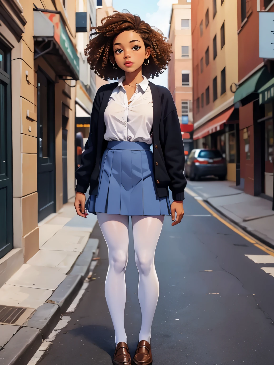 photo image, full body image, feet in view, light skinned mixed race African American woman, curly hair, preppy attire, tights, no shoes