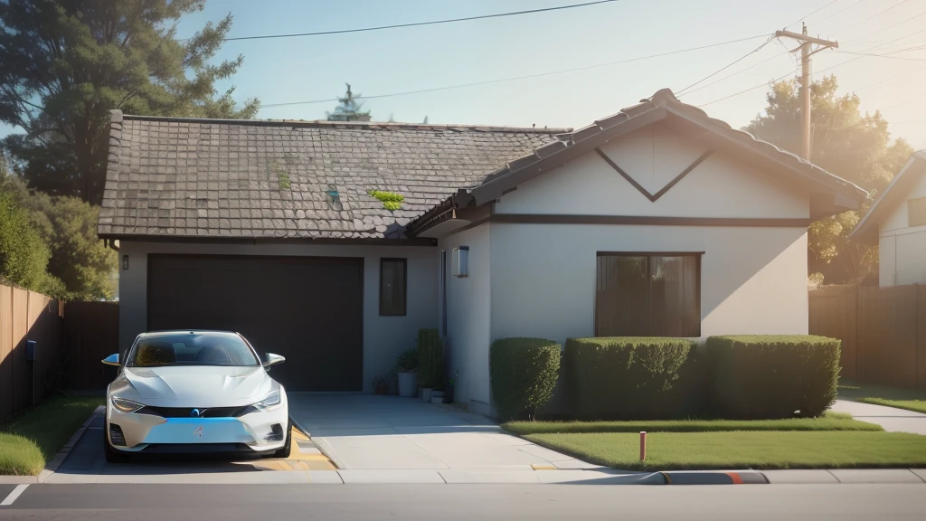 Sunny sky, Electric vehicle charger in front of house, EV is being charged, some trees around the house, Building roadside, Urban/outdoor location, Extra Long Shot(ELS), Redshift Render, 8k smooth, Natural light, cinematic shot, realistic shadovand light, ray tracingcomplex details, Volumetric light