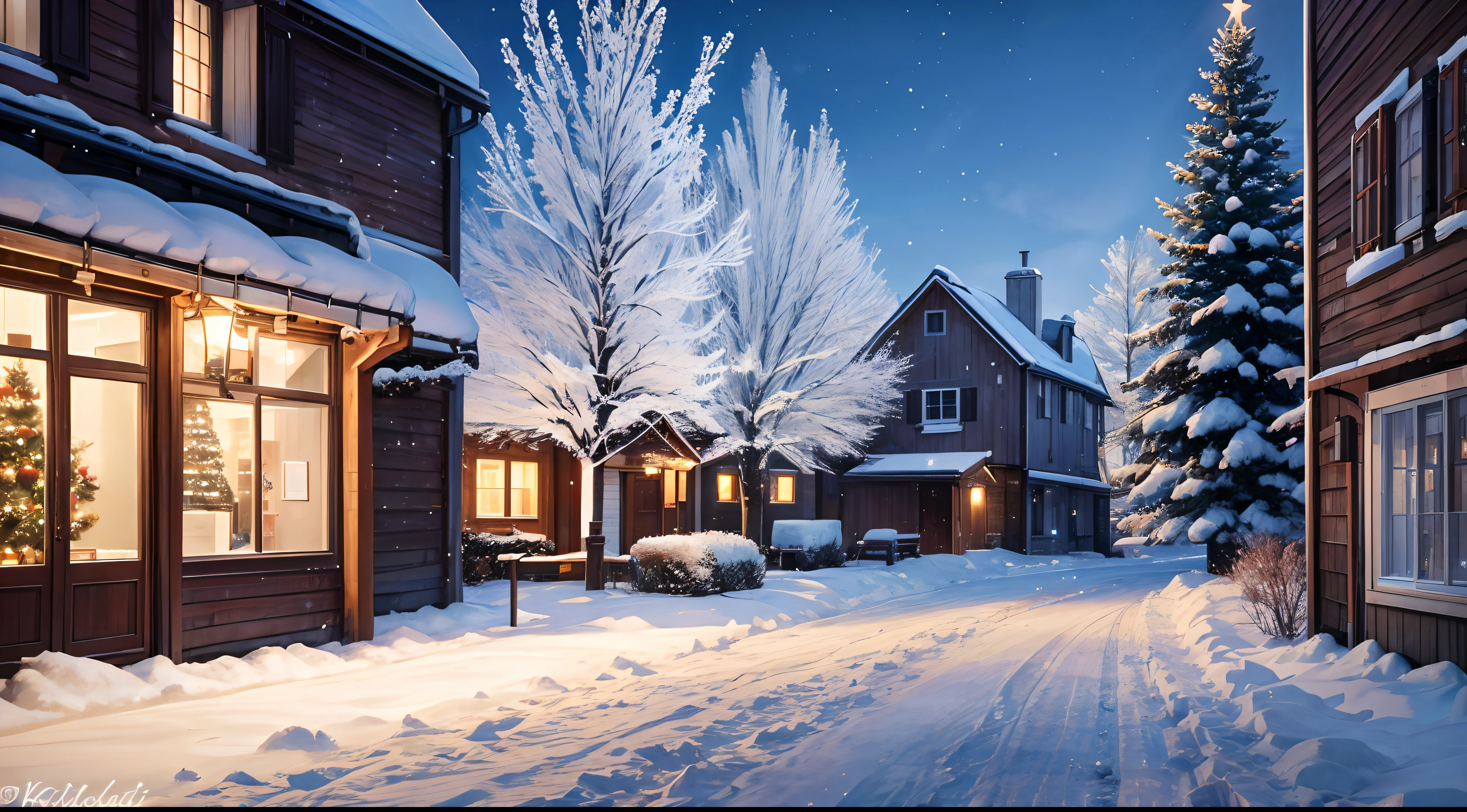 FIOCCHI DI NEVE CHE CADONO snowy trees in front of a building with a sign and a christmas tree, lapland, north pole, santa's workshop, wide image, by karlkka, santa, wide screenshot, by Sven Nordqvist, high quality image, lots of signs and shops, photo taken at night, winter, by Jens Søndergaard, by Ejnar Nielsen
