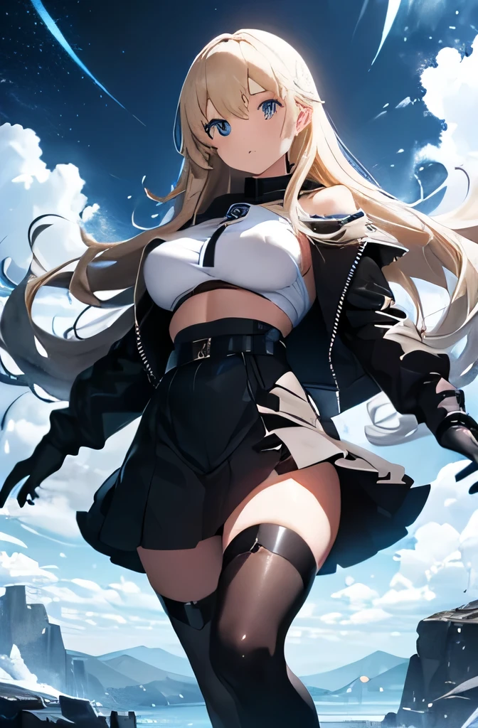 whole body clear big breasts Fair skin Expressionless 17 years old blonde thin legs black clothes long hair 172cm black skirt black boots White tops blue eyes hooded black leather jacket another world midnight cloudy sky Navel exposed Ice magic Super long Diamond dust black gloves exposed