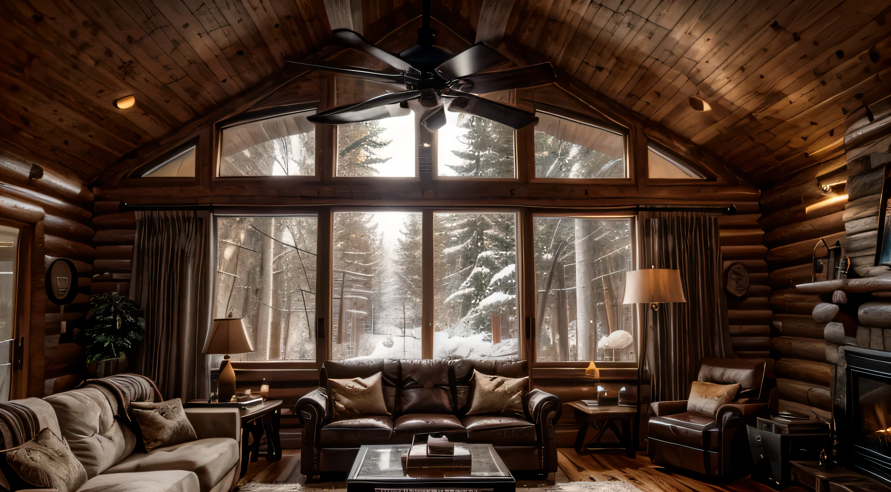A double-height ceiling living room with a large, floor-to-ceiling window on one side log cabin. Outside is a dark snow-covered landscape. The living area is furnished with plush, contemporary sofas and chairs in neutral tones, grouped around a low, central coffee table. The room's color palette is composed of dark brown and warm tones, with the soft lighting from various lamps adding a cozy ambiance., UHD, masterpiece, super detail, high details, high quality, best quality