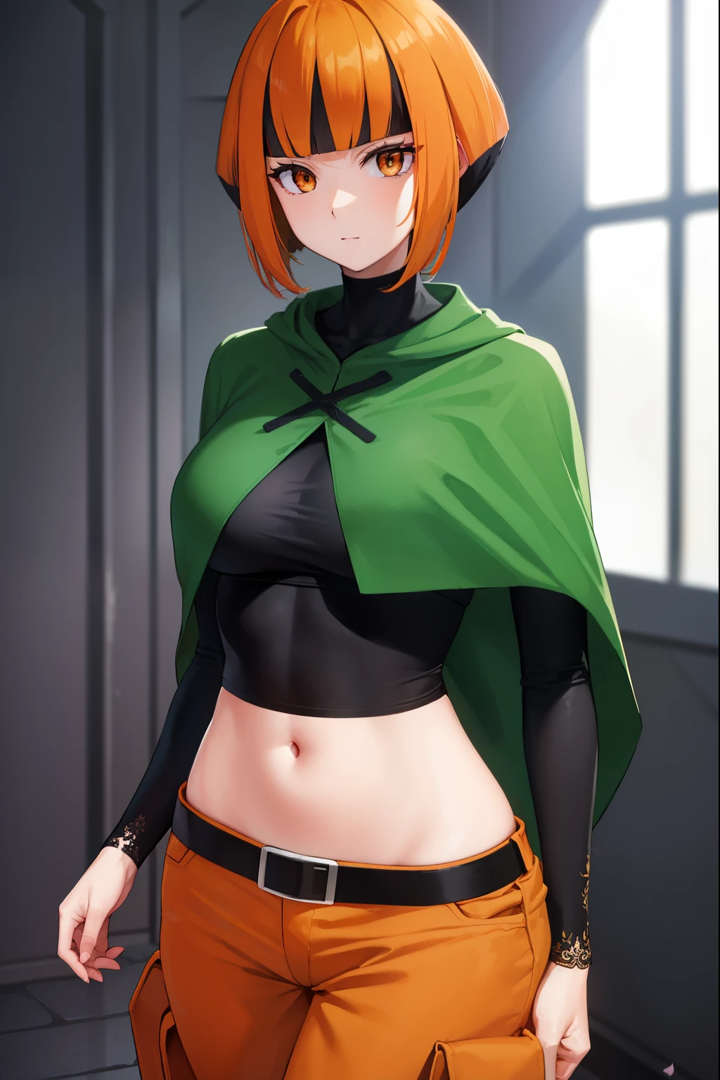 pokemongardenia, pokemongardenia, black hair, bob cut, multicolored hair, (orange eyes:1.5), orange hair, petals, short hair, two-tone hair,
BREAK belt, belt buckle, buckle, capelet, cargo shorts, midriff, navel, shorts, undershirt, long sleeves, green capelet, black undershirt,
BREAK looking at viewer, full body, (cowboy shot:1.5),
BREAK indoors,
BREAK (masterpiece:1.2), best quality, high resolution, unity 8k wallpaper, (illustration:0.8), (beautiful detailed eyes:1.6), extremely detailed face, perfect lighting, extremely detailed CG, (perfect hands, perfect anatomy),