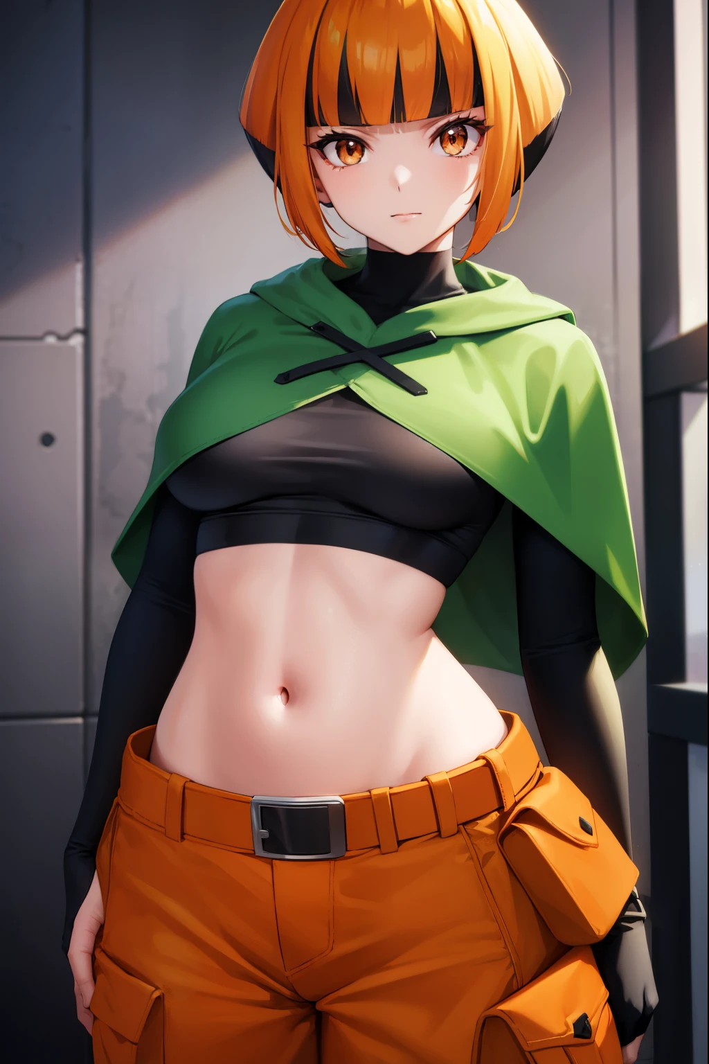 pokemongardenia, pokemongardenia, black hair, bob cut, multicolored hair, (orange eyes:1.5), orange hair, petals, short hair, two-tone hair,
BREAK belt, belt buckle, buckle, capelet, cargo shorts, midriff, navel, shorts, undershirt, long sleeves, green capelet, black undershirt,
BREAK looking at viewer, full body, (cowboy shot:1.5),
BREAK indoors,
BREAK (masterpiece:1.2), best quality, high resolution, unity 8k wallpaper, (illustration:0.8), (beautiful detailed eyes:1.6), extremely detailed face, perfect lighting, extremely detailed CG, (perfect hands, perfect anatomy),