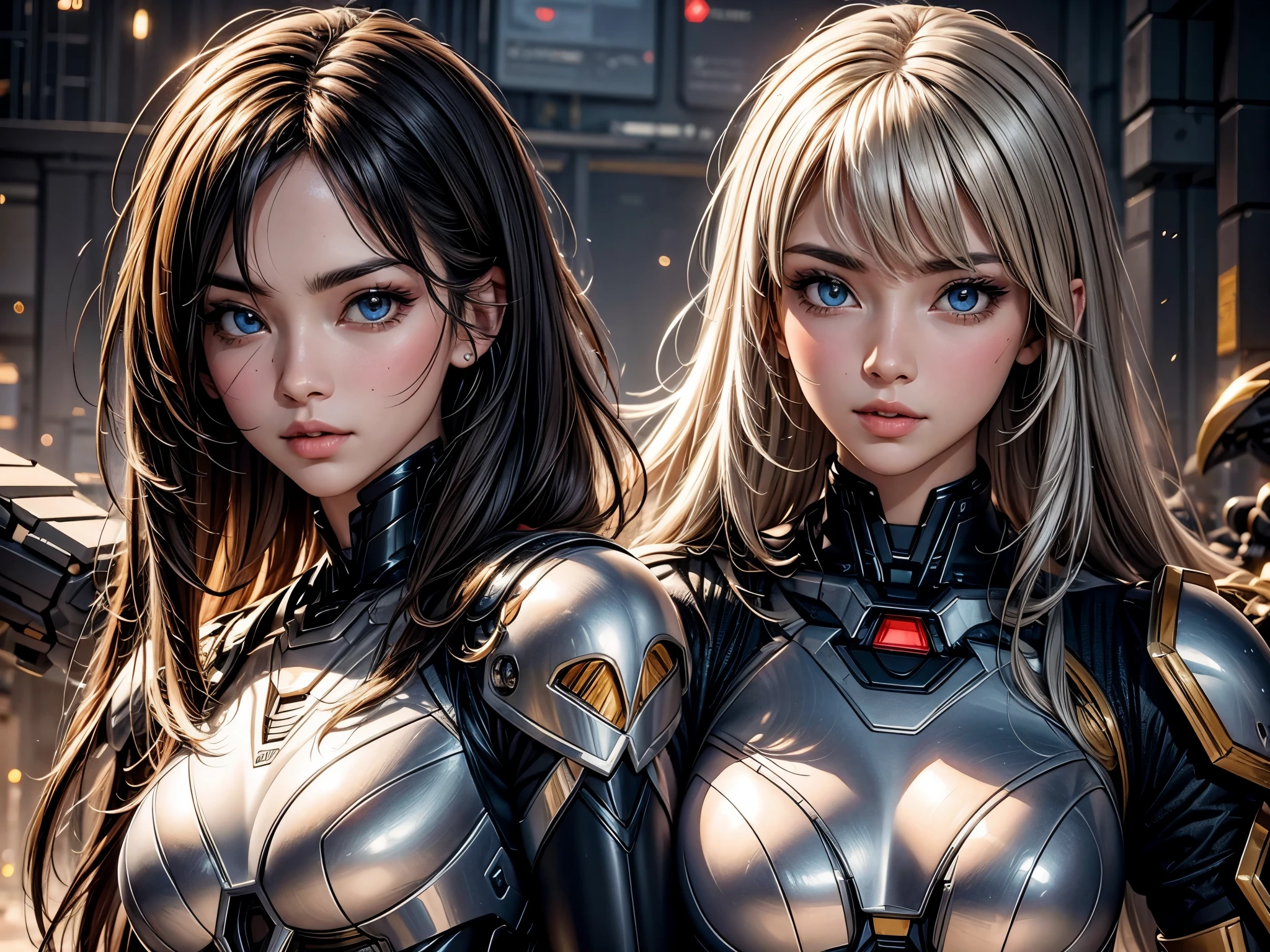 a  is fighting against a mecha warrior, beautiful detailed eyes, beautiful detailed lips,extremely detailed eyes and face,longeyelashes,anime,masterpiece:1.2,ultra-detailed,realistic:1.37,portraits,vivid colors,studio lighting