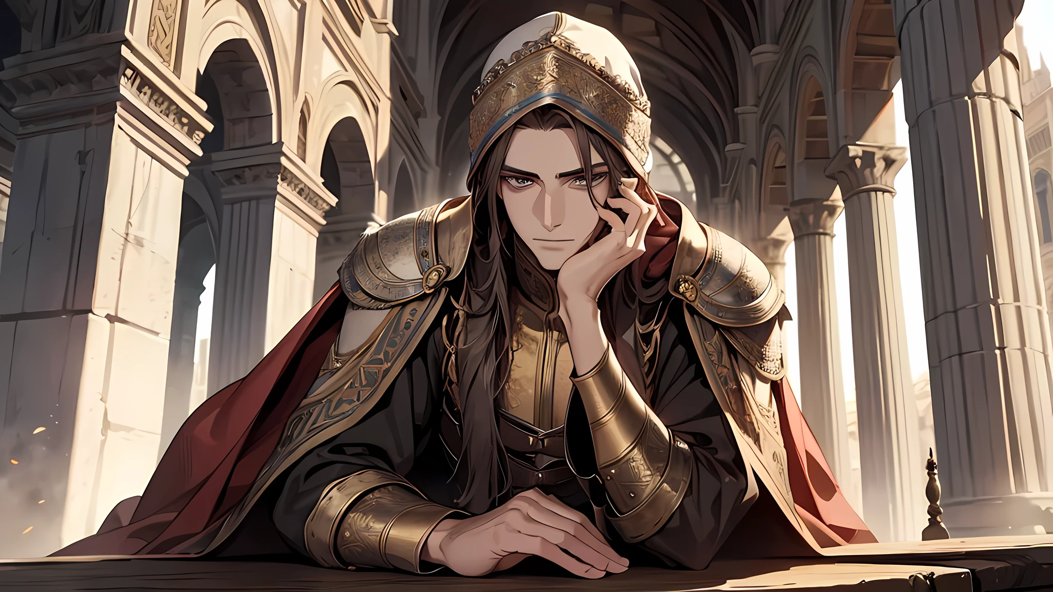the young man resting his chin on his hands, the man is wearing a cape covering his head, talking something, watching gladiator, there is 1 beautiful girl beside him, sibling, in colloseum, medieval times, detailed face, detailed nose, detailed eyes, who was sitting in one of the grandstands among the front row seats. High pillars, which rose from the corners in the left and right, supported a roof that covered the stand.