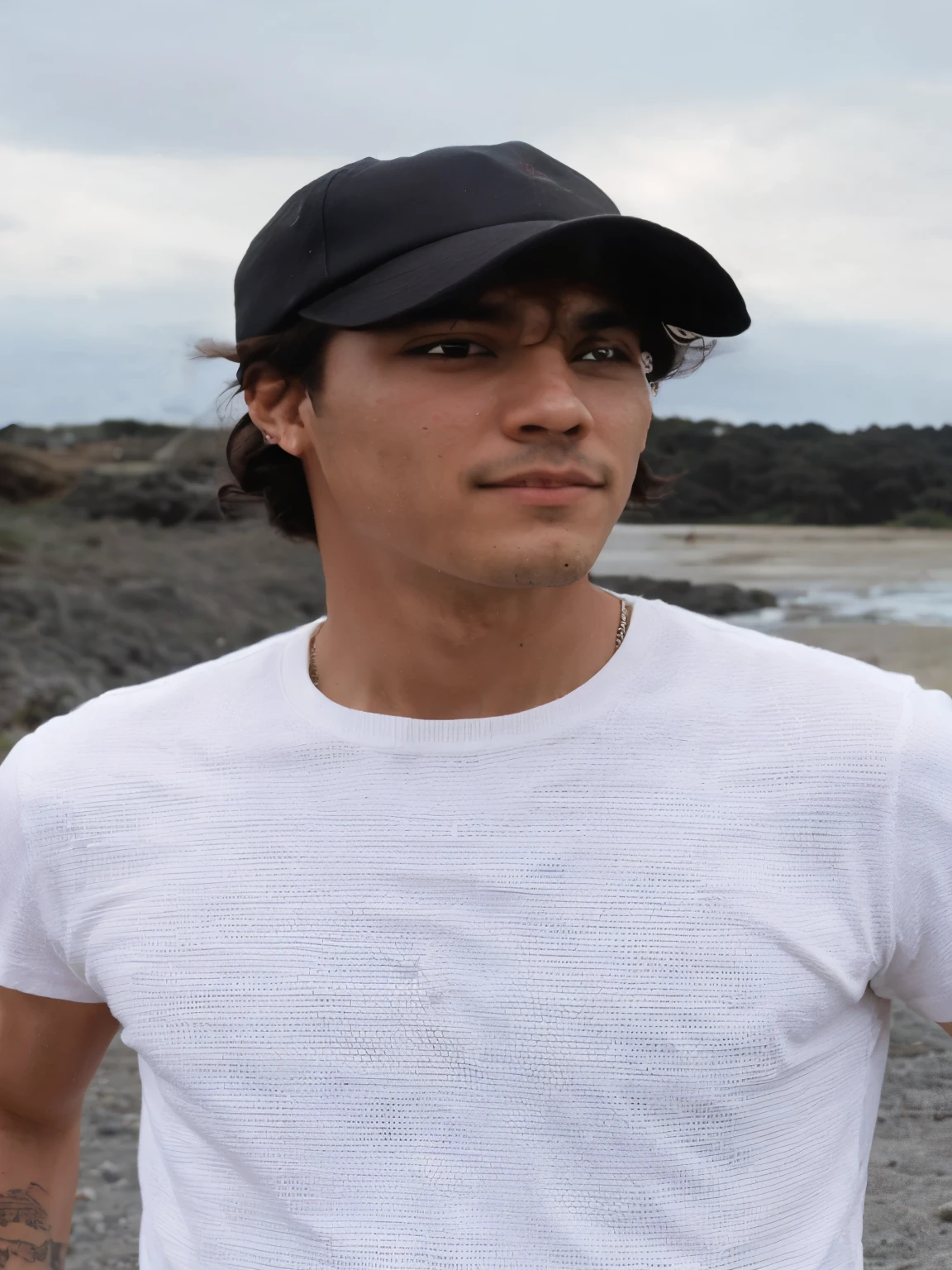 Hombre arafed con una camisa blanca y un sombrero negro parado en una playa, taehyung BTS, con barba limpia, foto de perfil en la cabeza, taehyung bts , inspirado en taehyung, plano medio de un guapo, el esta llevando una gorra, taehyung bts, V BTS, ojos celestes, rubio, chestnut