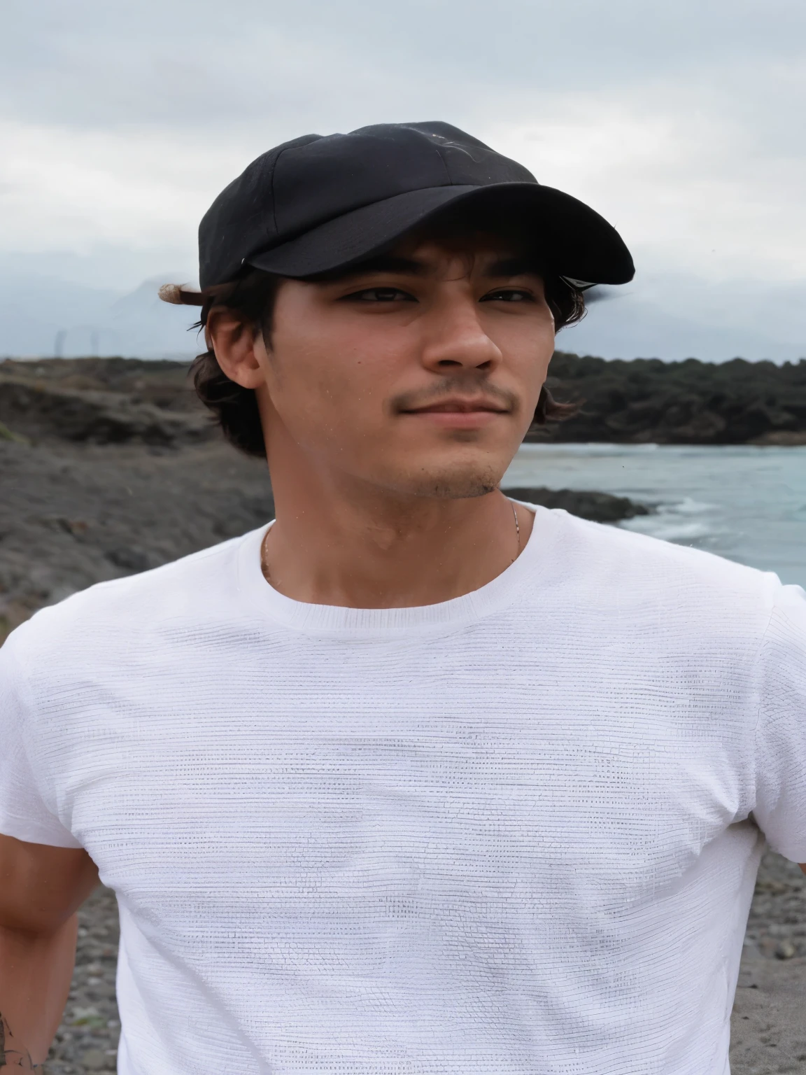 Hombre arafed con una camisa blanca y un sombrero negro parado en una playa, taehyung BTS, con barba limpia, foto de perfil en la cabeza, taehyung bts , inspirado en taehyung, plano medio de un guapo, el esta llevando una  gorra, taehyung bts, V BTS, ojos celestes, rubio, chestnut 
