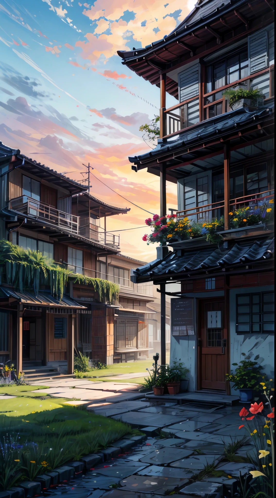 Sunset ,Evening time, wind up oriental design, old lighthouse tower,sea,airy, digital painting,grass, colourfull flowers ,meadow,concept art, illustration, intricate, flower, plants ((tileset)