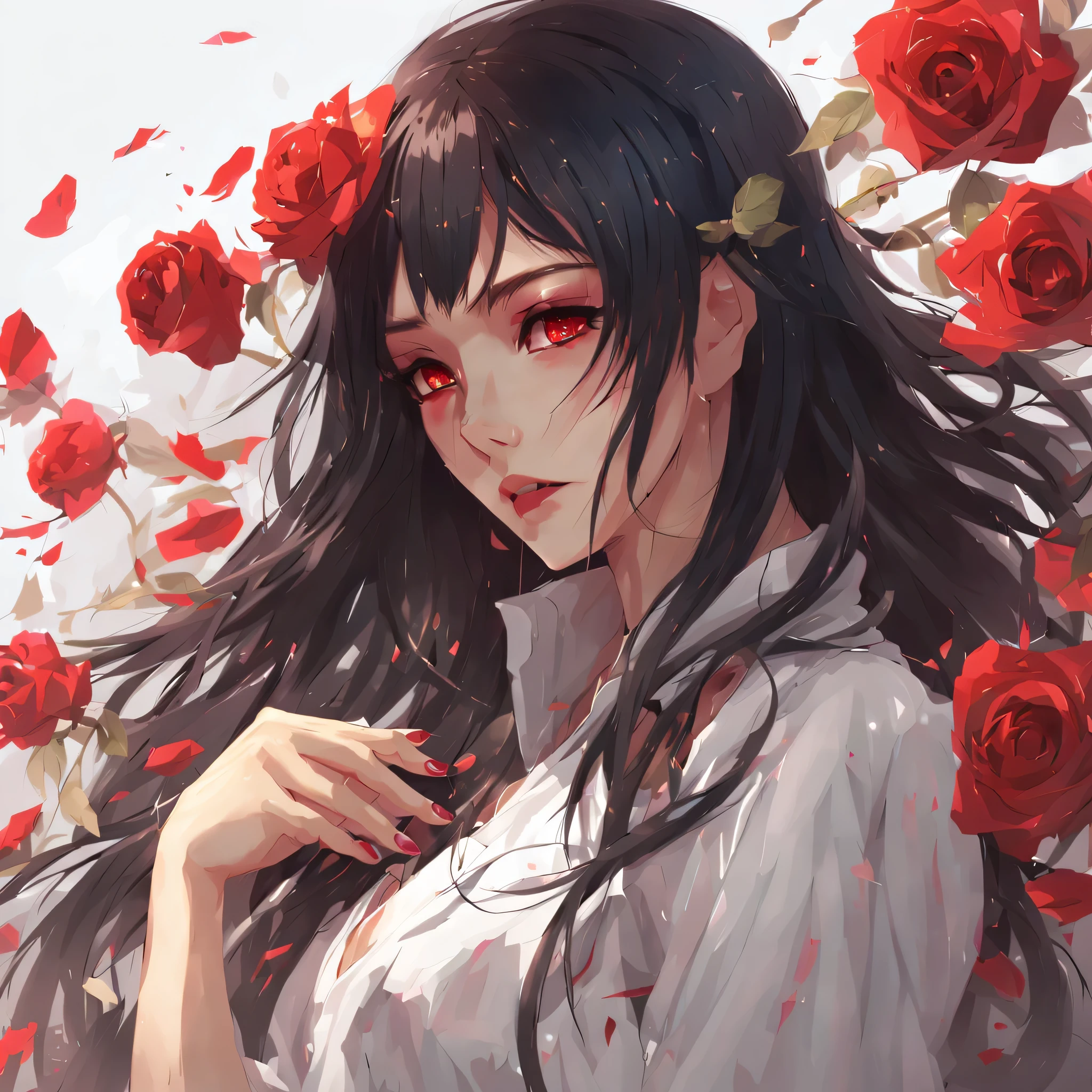 masterpiece, high quality, 1girl, solo, protrait, Joescarlett, hyper waifu, fcPortrait, blood, rose petals, upper body, simple background, illustration,