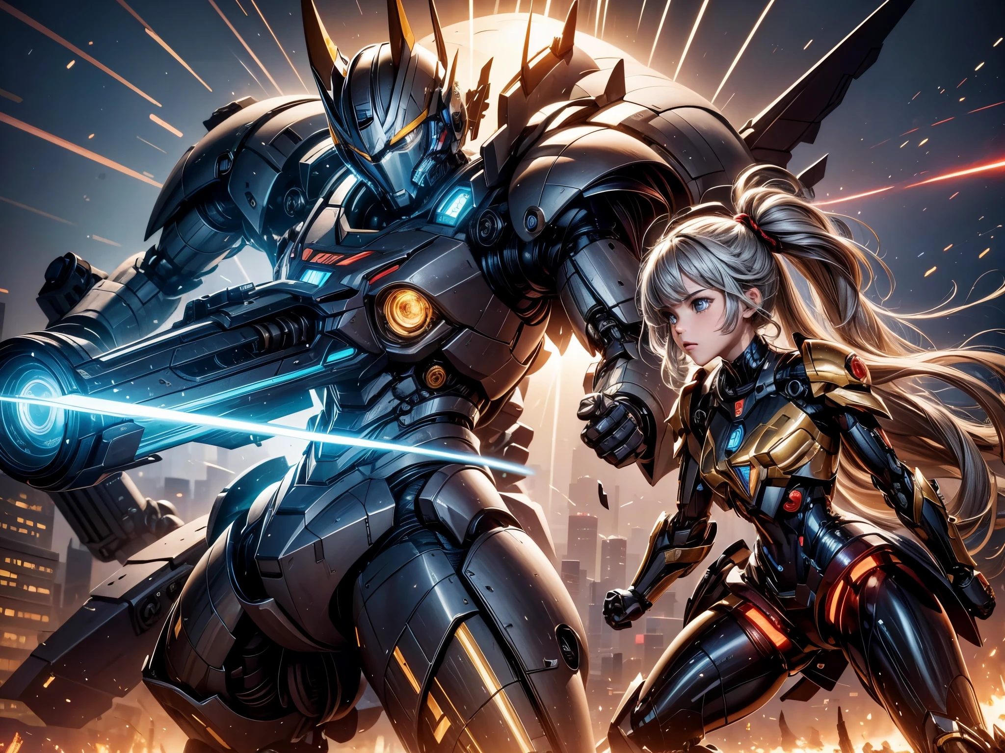 A girl fighting against a mecha warrior,illustration,mecha warrior,colorful explosion,shining lights,dystopian landscape,highly detailed mecha warrior,aggressive and determined expression,metallic armor,sparkling energy beams,bullet trails and smoke,powerful punches and kicks,slow motion movement,destructive battle scene,highres and realistic portrayal,studio lighting,anime style,contrasting colors,dramatic lighting.