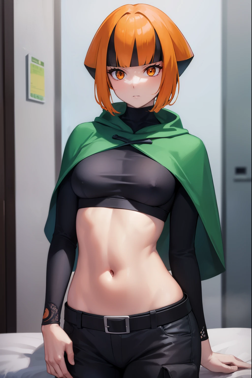 pokemongardenia, pokemongardenia, black hair, bob cut, multicolored hair, (orange eyes:1.5), orange hair, petals, short hair, two-tone hair,
BREAK belt, belt buckle, buckle, capelet, cargo shorts, midriff, navel, shorts, undershirt, long sleeves, green capelet, black undershirt,
BREAK looking at viewer, full body, (cowboy shot:1.5),
BREAK indoors,
BREAK (masterpiece:1.2), best quality, high resolution, unity 8k wallpaper, (illustration:0.8), (beautiful detailed eyes:1.6), extremely detailed face, perfect lighting, extremely detailed CG, (perfect hands, perfect anatomy),