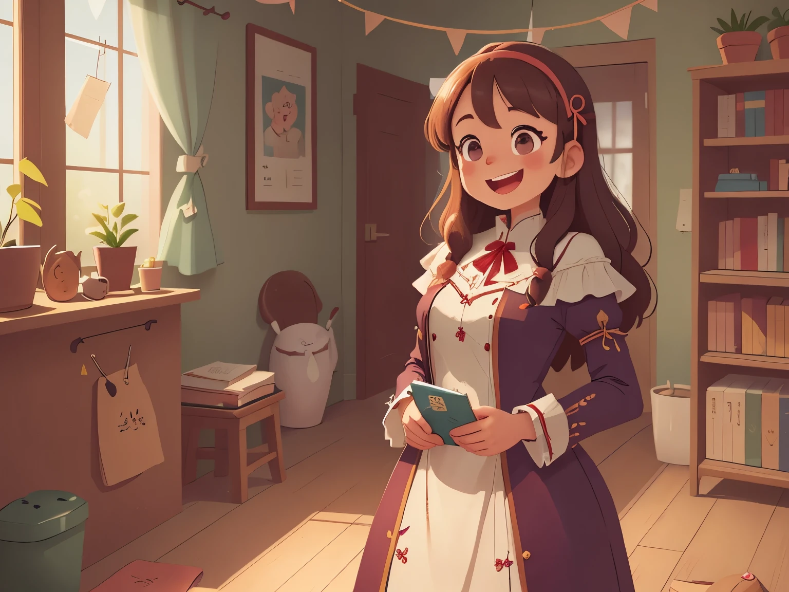 [[[Ultra detailed, best quality, beautiful, 4K, detailed faces, medieval story]]], (((happy, smiling))), mother standing in living room, ((standing)), bust Close up, housewife dress up, colorful children's book illustration