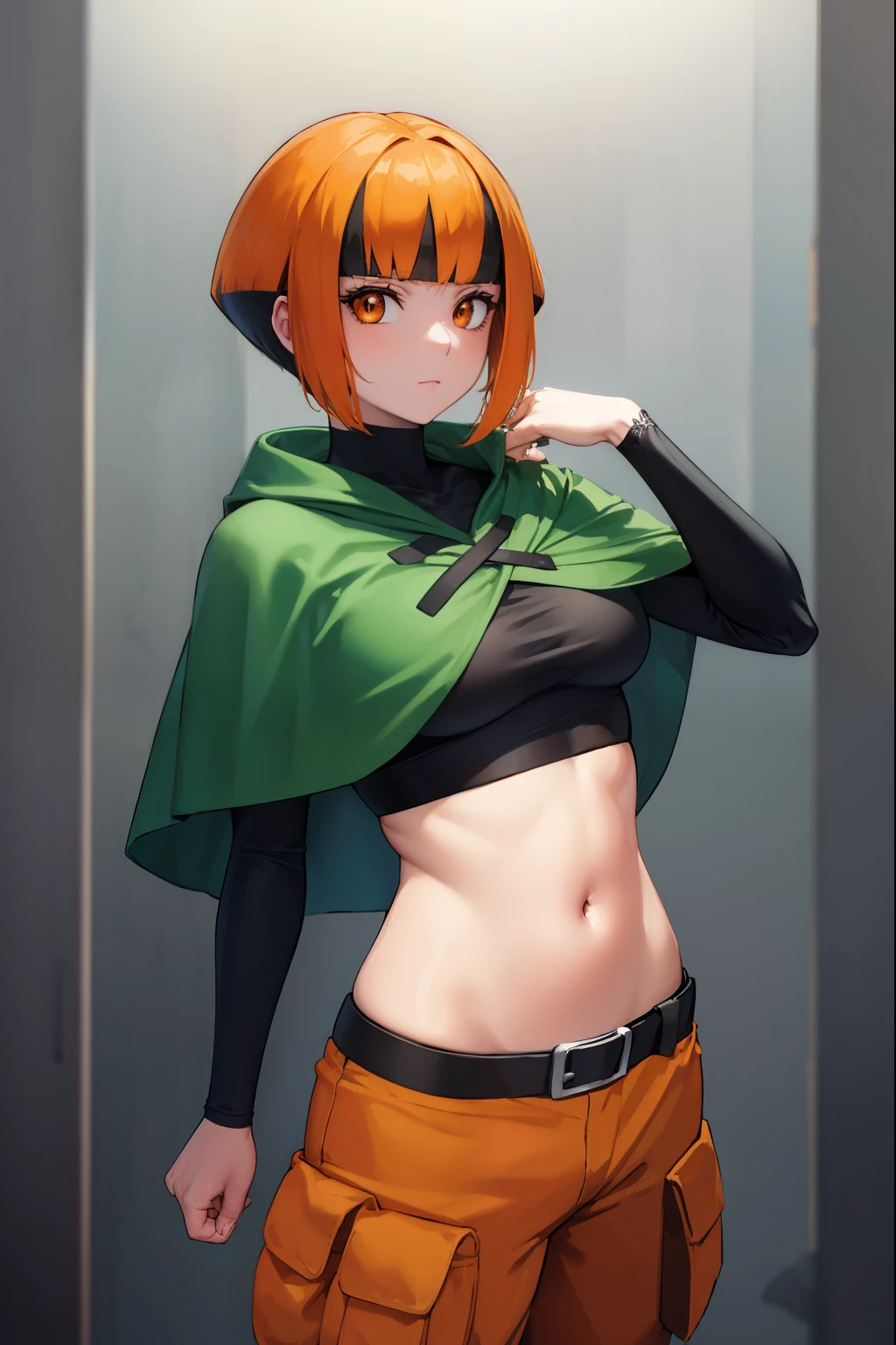 pokemongardenia, pokemongardenia, black hair, bob cut, multicolored hair, (orange eyes:1.5), orange hair, petals, short hair, two-tone hair,
BREAK belt, belt buckle, buckle, capelet, cargo shorts, midriff, navel, shorts, undershirt, long sleeves, green capelet, black undershirt,
BREAK looking at viewer, full body, (cowboy shot:1.5),
BREAK indoors,
BREAK (masterpiece:1.2), best quality, high resolution, unity 8k wallpaper, (illustration:0.8), (beautiful detailed eyes:1.6), extremely detailed face, perfect lighting, extremely detailed CG, (perfect hands, perfect anatomy),