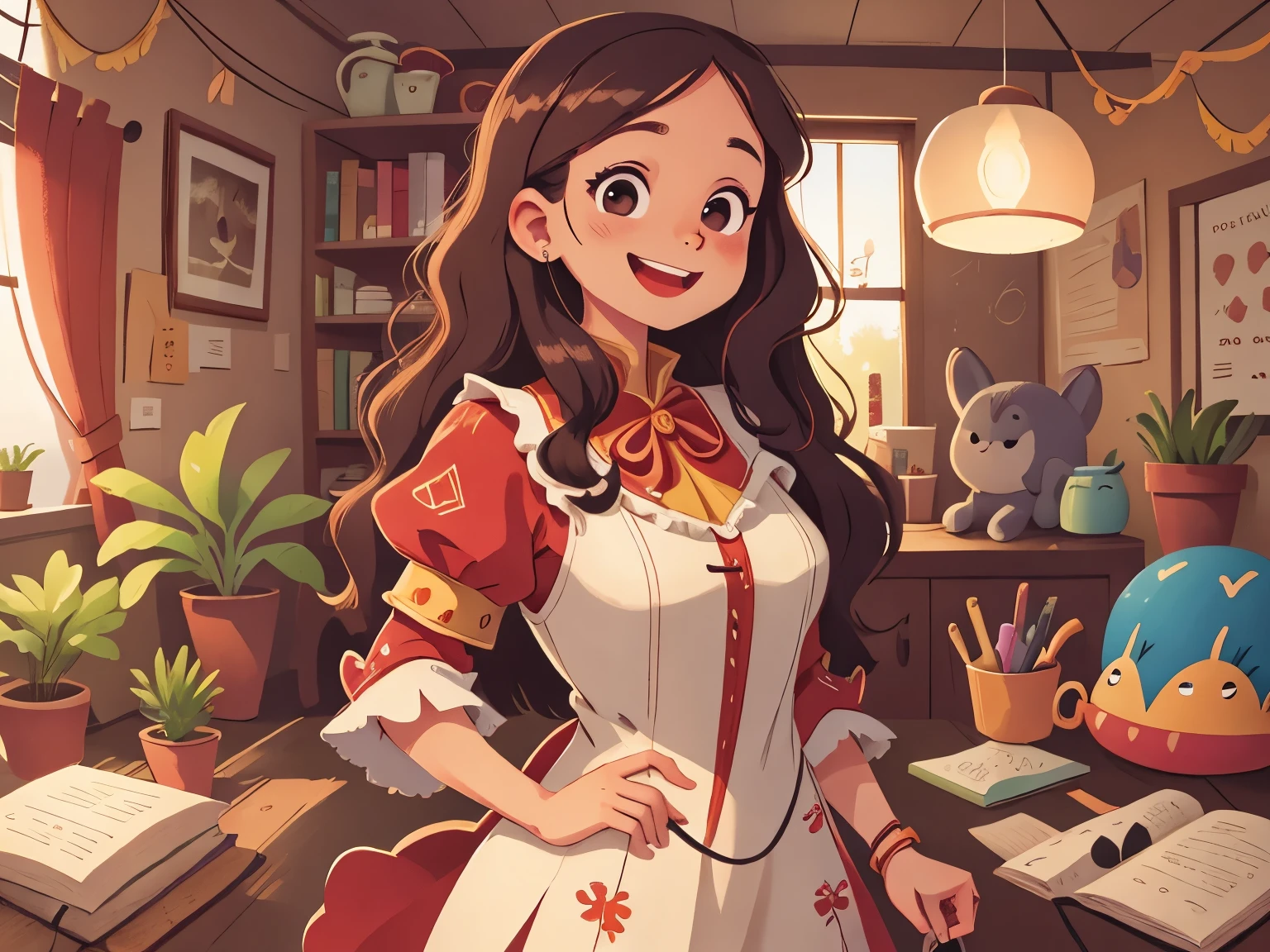 [[[Ultra detailed, best quality, beautiful, 4K, detailed faces, medieval story]]], (((happy, smiling))), mother standing in living room, ((standing)), bust Close up, housewife dress up, colorful children's book illustration