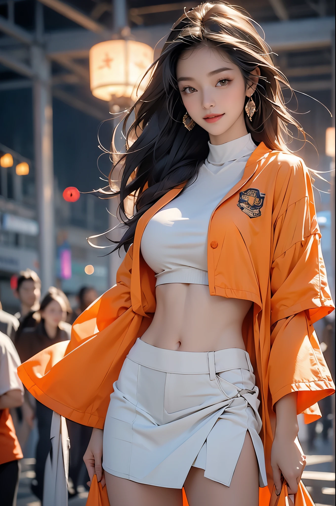 4K Ultra HD, masterpiece, best quality, a girl, Sports Girl, happy, Good face, Smile, delicate eyes, Detailed lips, very long hair, Multi-color flowing hair, slim, Firm abs, Willow Yao, promotional clothing, Orange clothing, short sleeves, crop top, Open the jacket, black jacket, skirt, permanent, dark shadow, Stadium Background,Naked trench (huge breasts:1.2),wet skin((rogue))Cool atmosphere