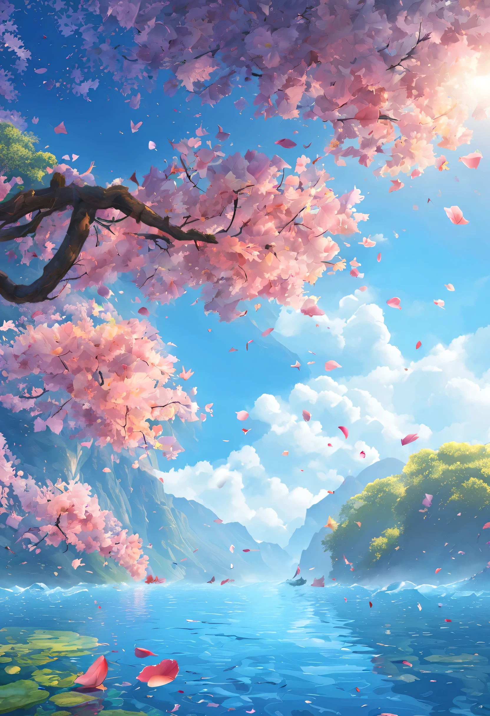 masterpiece, best quality, (Very detailed CG unified 8k wallpaper) (best quality), (Best Illustration), (best shade) nature', Blue sea,Delicate leaf petals of various colors fall in the sky,Ray tracing, super detailed