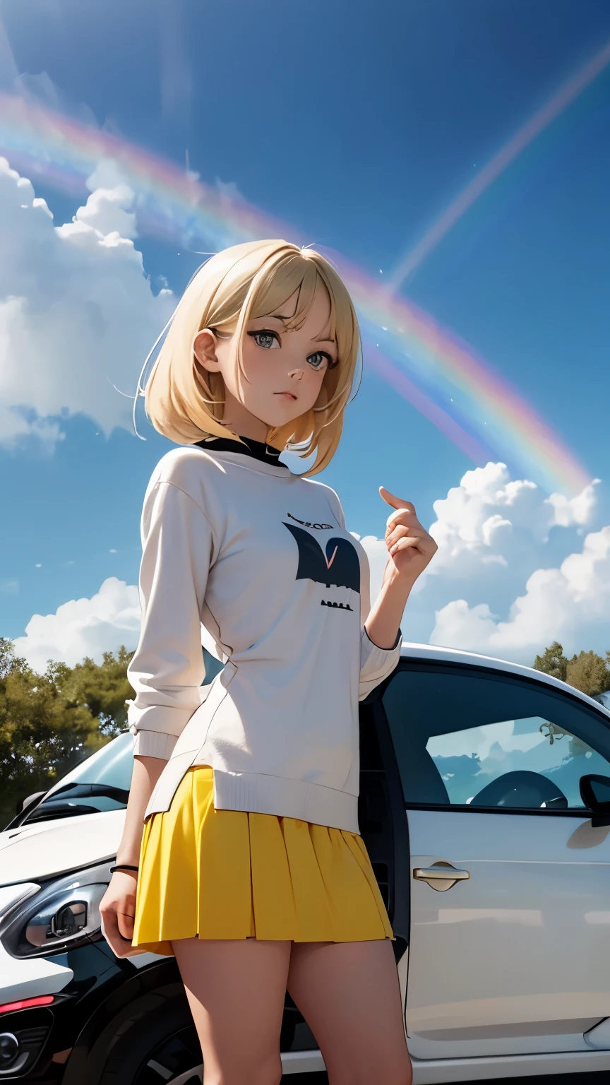 Gösta Adrian-Nilsson, Barbara Cooney, Surreal, mysterious, strange, fantastical, fantasy, Sci-fi, anime, rainbow on the horizon, light yellow FIAT500 miniskirt beautiful girl, perfect voluminous body, detailed masterpiece Hyper realistic sharp focus 