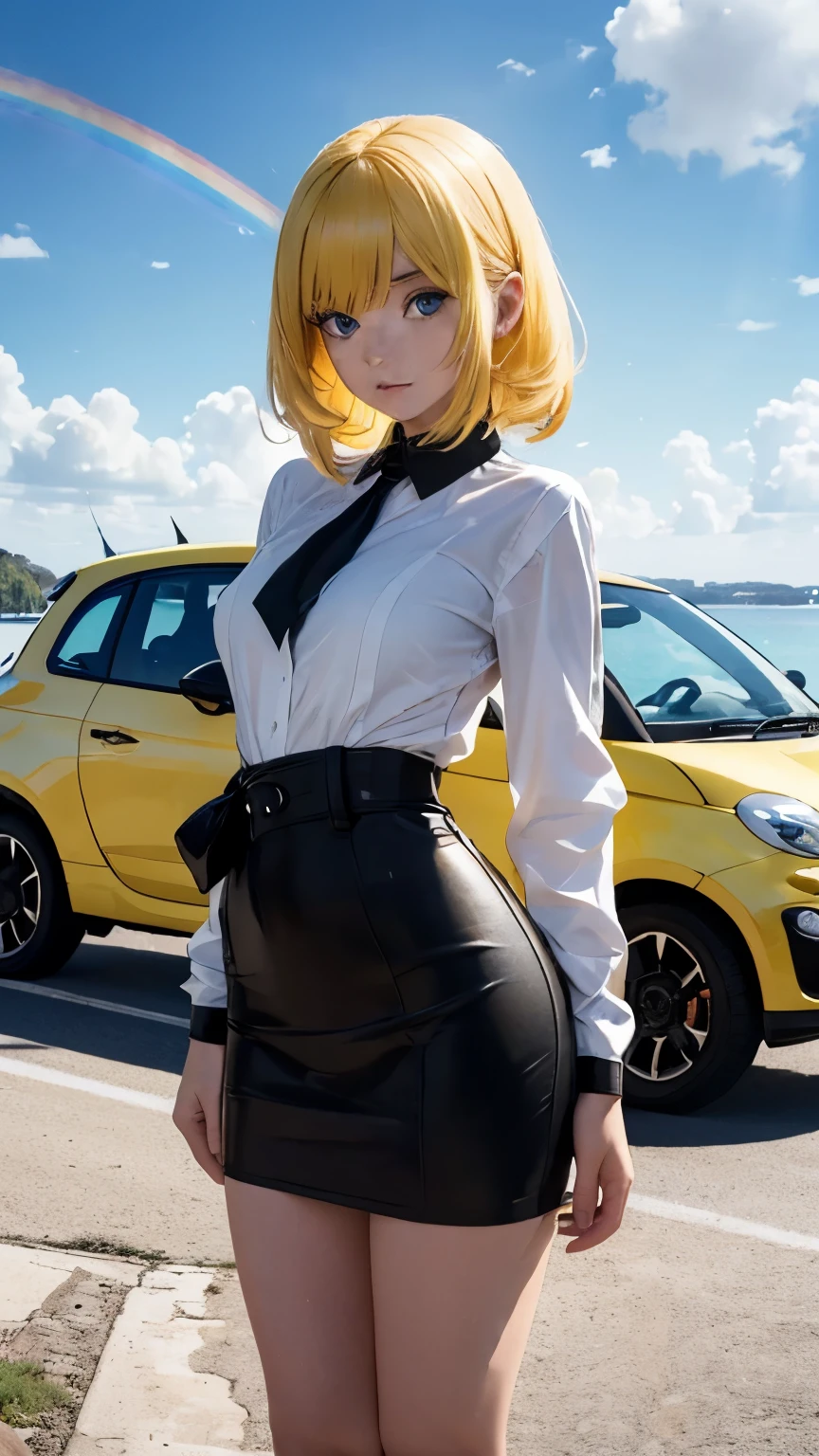 Gösta Adrian-Nilsson, Barbara Cooney, Surreal, mysterious, strange, fantastical, fantasy, Sci-fi, anime, rainbow on the horizon, light yellow FIAT500 miniskirt beautiful girl, perfect voluminous body, detailed masterpiece Hyper realistic sharp focus